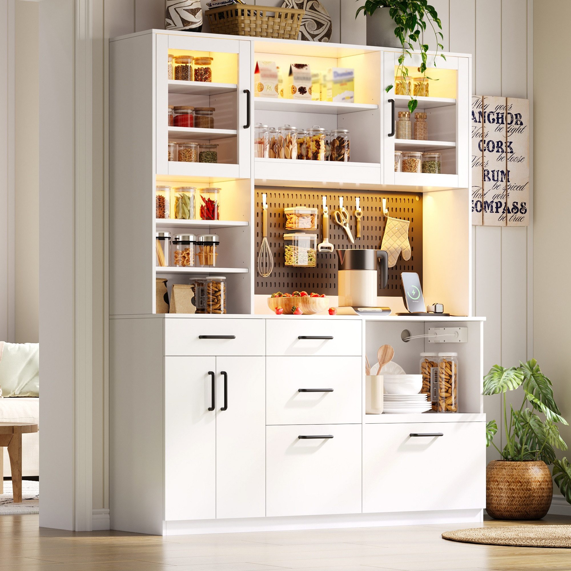 Flieks Küchenbuffet Hochschrank mit Arbeitsplatte, LED-Beleuchtung, Lochplatte, Steckdosen (B145/T40/H185 cm, 1-St) Küchenschrank Mehrzweckschrank mit verstellb – Bild 5 von 5