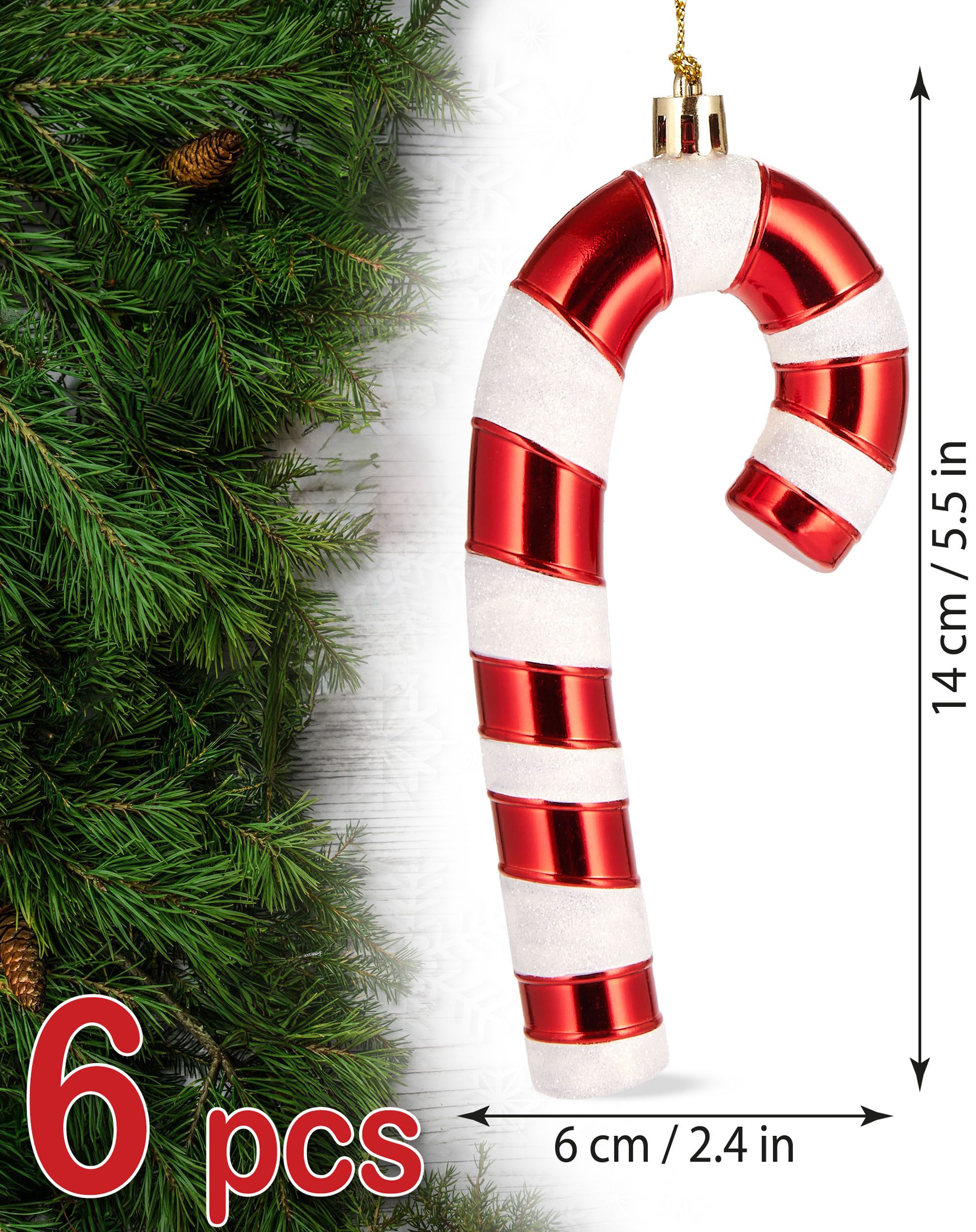 BRUBAKER Christbaumschmuck Baumschmuck Zuckerstangen - 6x Weihnachtsbaumschmuck zum Hängen (6-tlg), 14 cm Glitzer Weihnachtsdeko Anhänger aus bruchsicheren Kuns – Bild 4 von 5