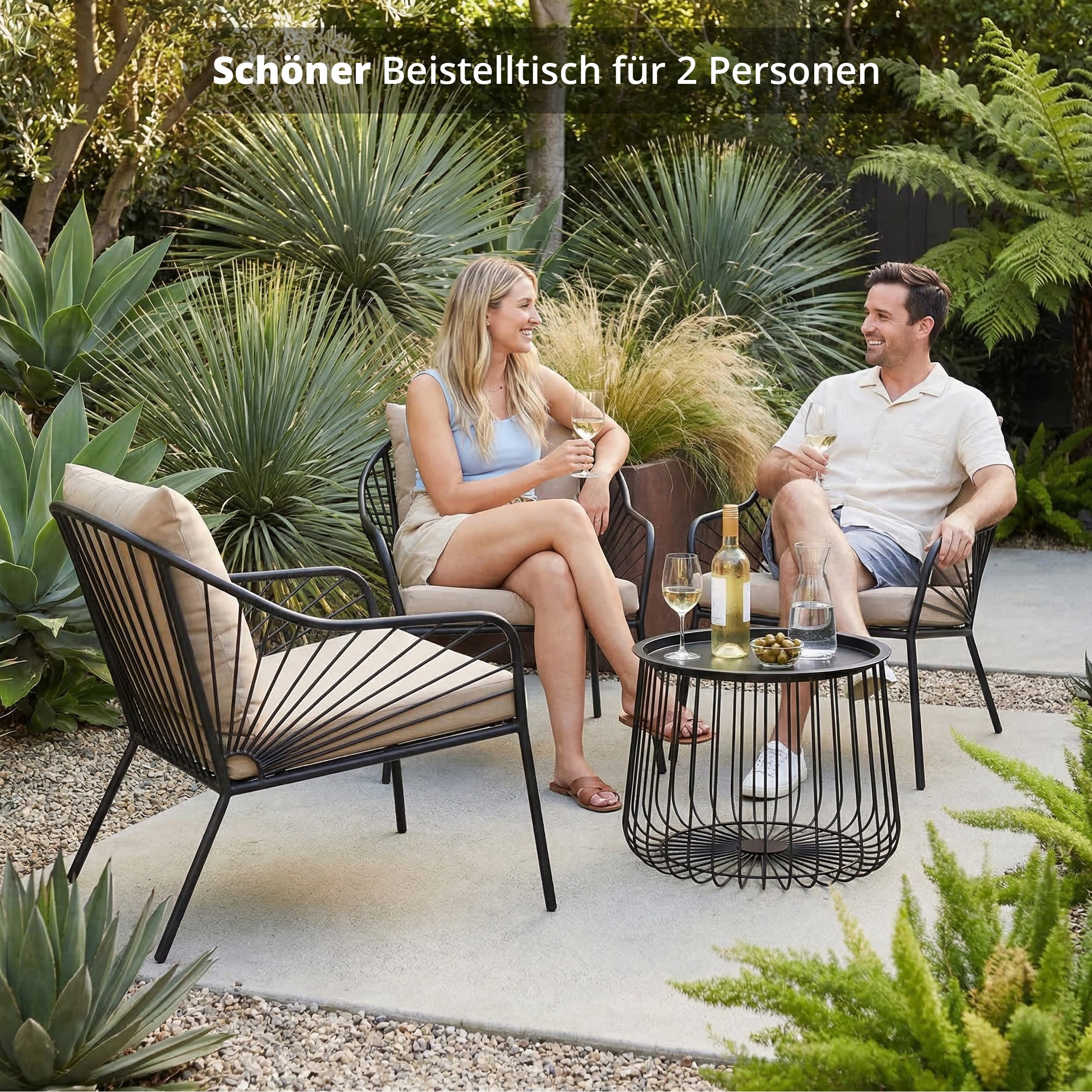 KHG Beistelltisch Garten-Beistelltisch in Anthrazit aus Stahl (runder Couchtisch im Industrial Design mit abnehmbarer Tischplatte, wetterfest UV-beständig, 52x36x52 cm), abnehmbarer Tischplatte als Tablett