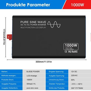 GLIESE Wechselrichter 12V DC zu AC Konverter 1000W Reiner Sinus-Wechselrichter