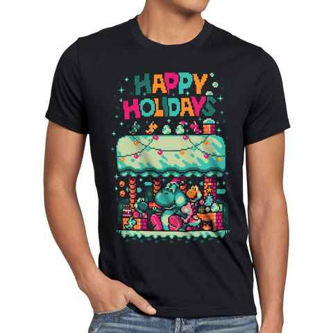 style3 Print-Shirt Herren T-Shirt Happy Holidays Sweater 16Bit xmas pulli weihnachtsbaum