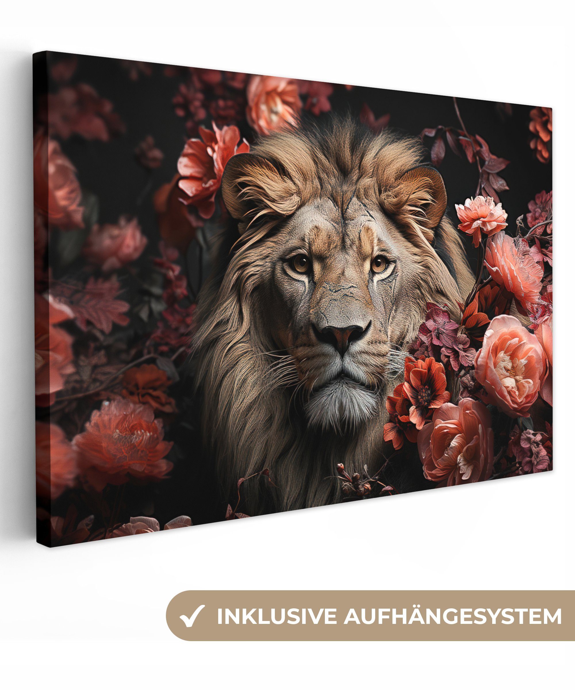 OneMillionCanvasses® Leinwandbild Löwe - Tier - Natur - Botanisch - Blumen günstig online kaufen