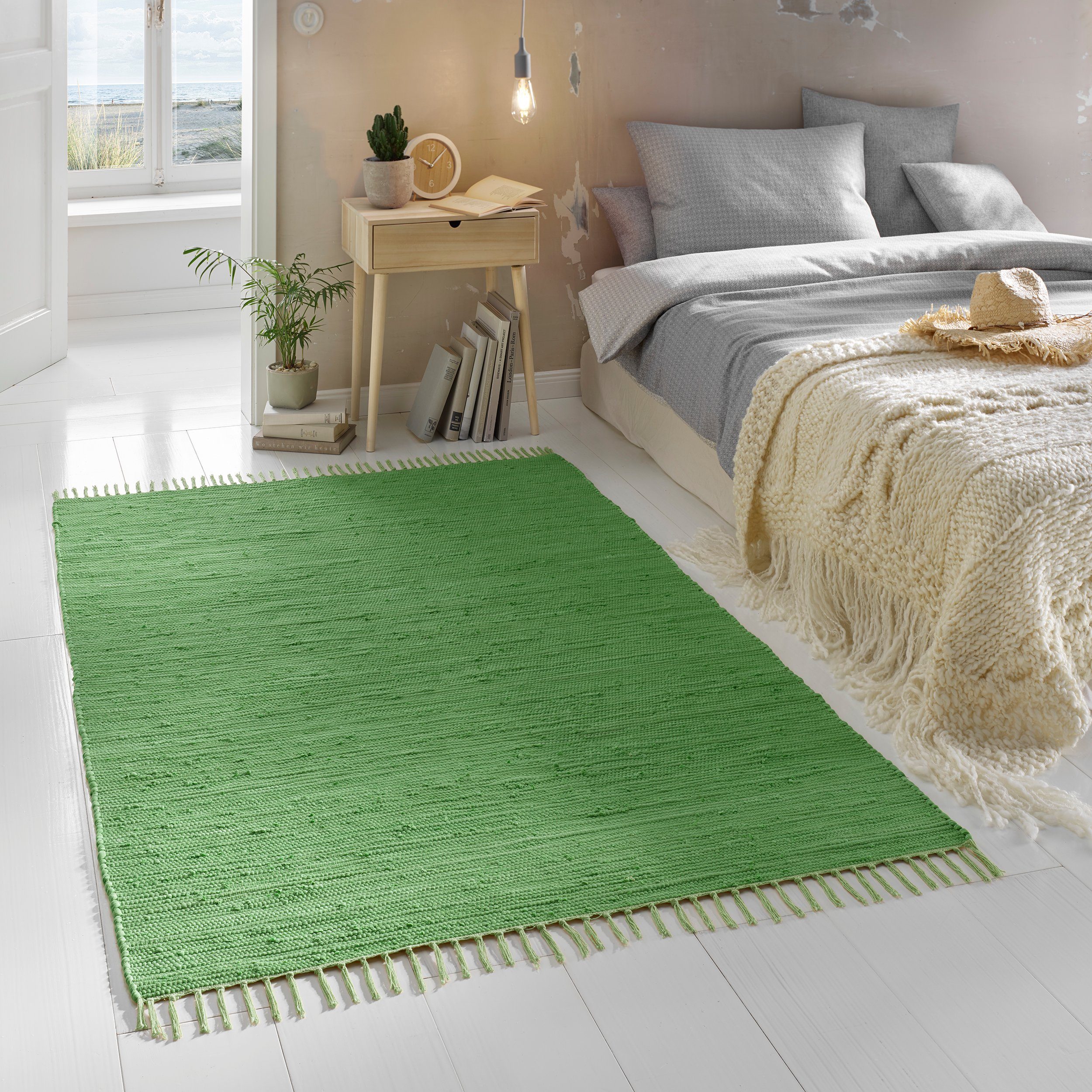 Teppich Flicken-Teppich 100% Baumwolle, TaCa Home, rechteckig, Höhe: 5 mm, Wohnzimmer Esszimmer Küche Flur Läufer 060x090cm grün