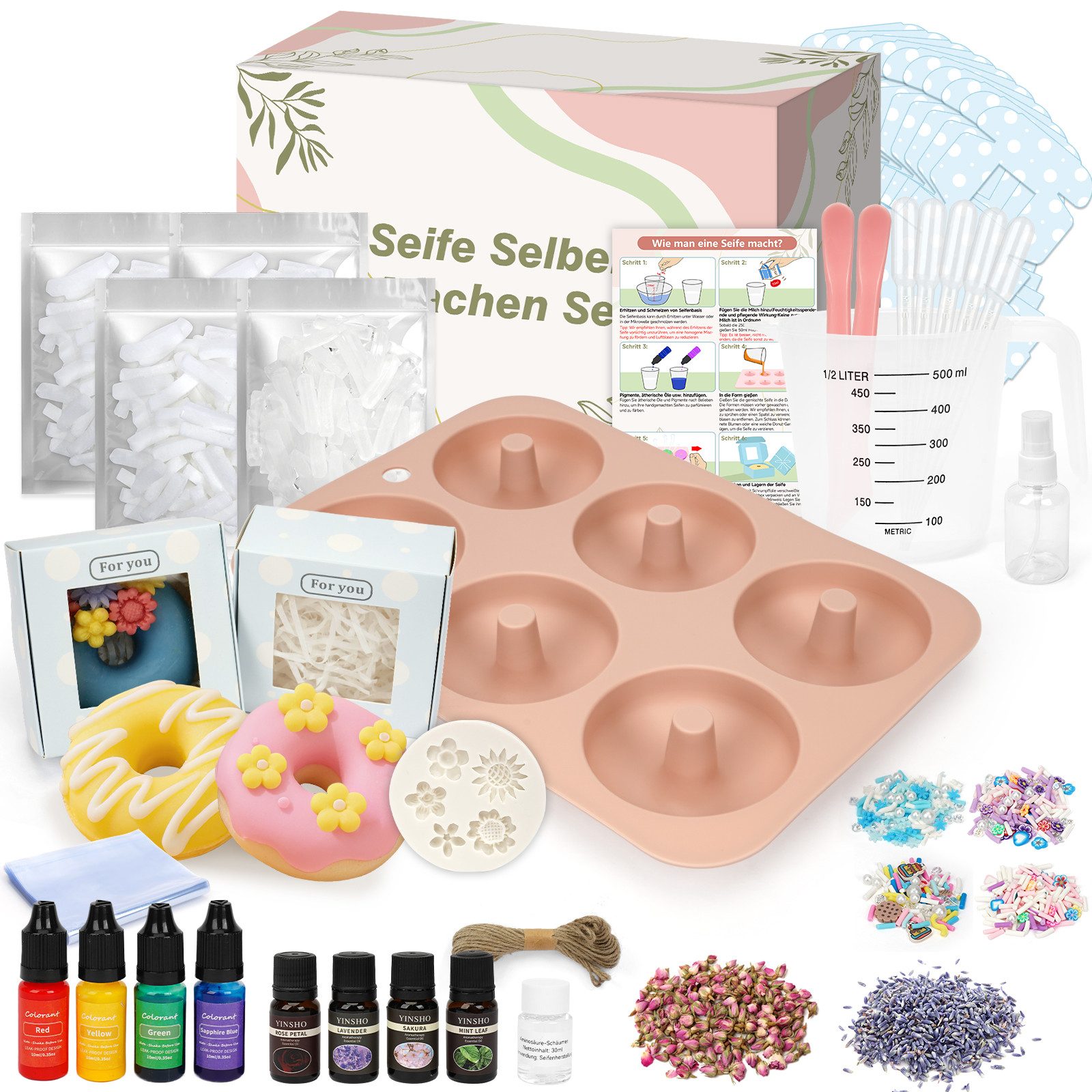 OSTWOLKE Seifen-Set Donut Seifen Selber Machen Set Bastelset für DIY Seifenherstellung, Komplette DIY Set inkl. Seifenbasis, Ätherisches Öl, Silikonform