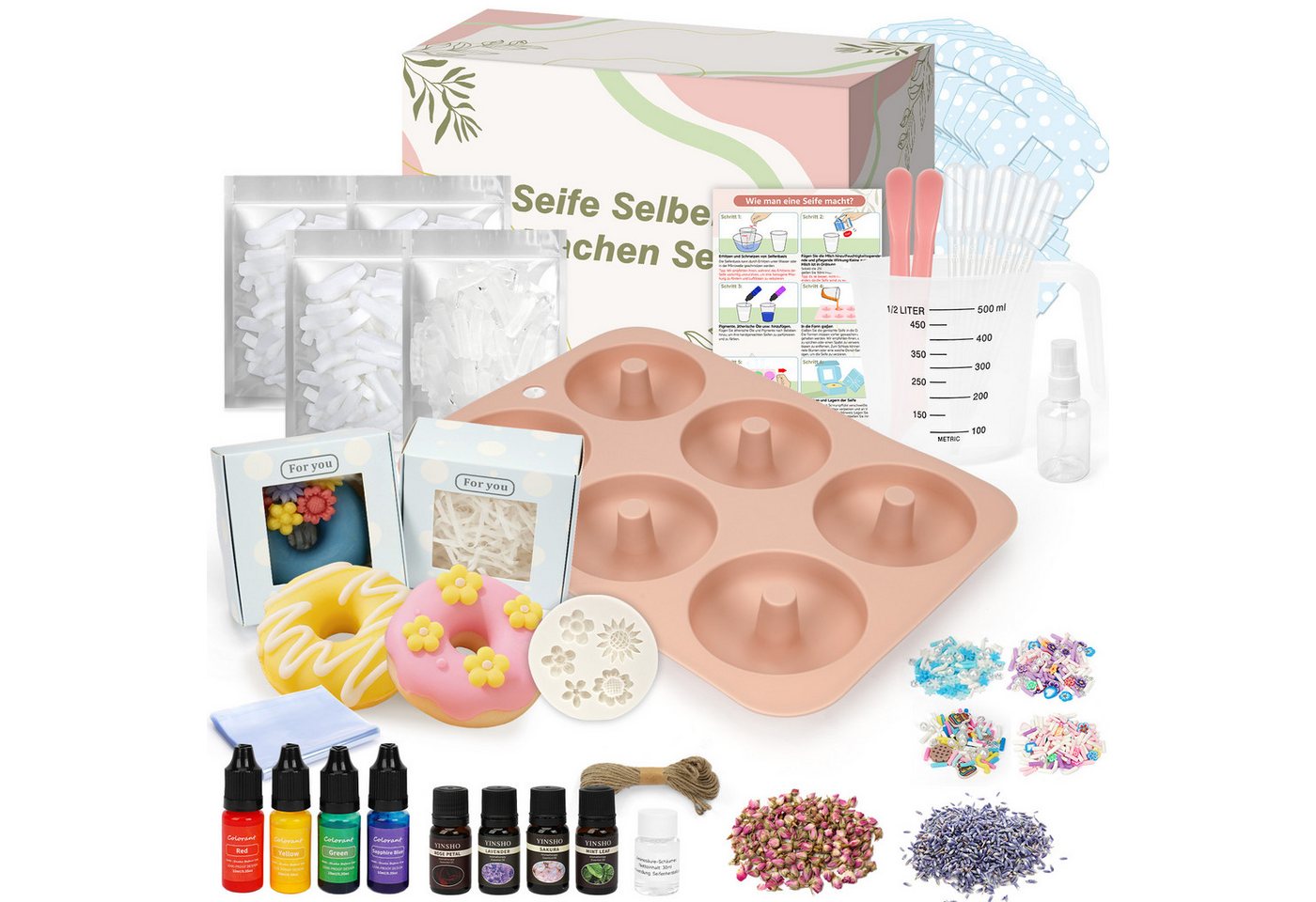 OSTWOLKE Seifen-Set Donut Seifen Selber Machen Set Bastelset für DIY Seifenherstellung, Komplette DIY Set inkl. Seifenbasis, Ätherisches Öl, Silikonform