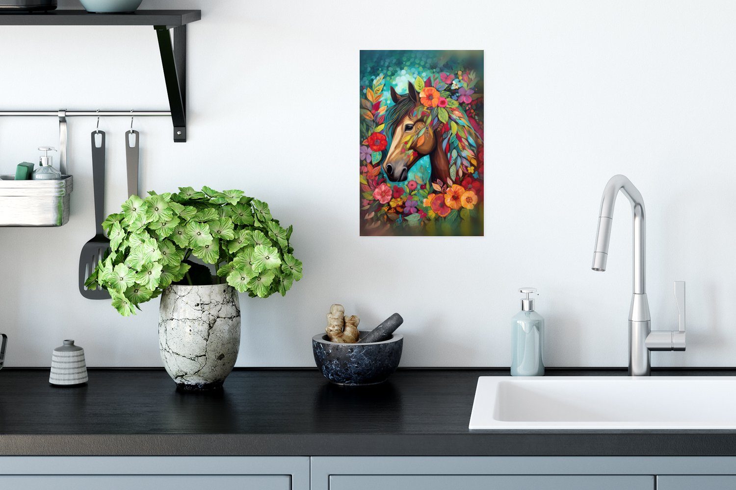 Wohnzimmer, Natur - Wandposter Poster, Wandbild, - Ohne Malerei Farbe, St), für Blumen Pferd (1 Rahmen MuchoWow Poster - -