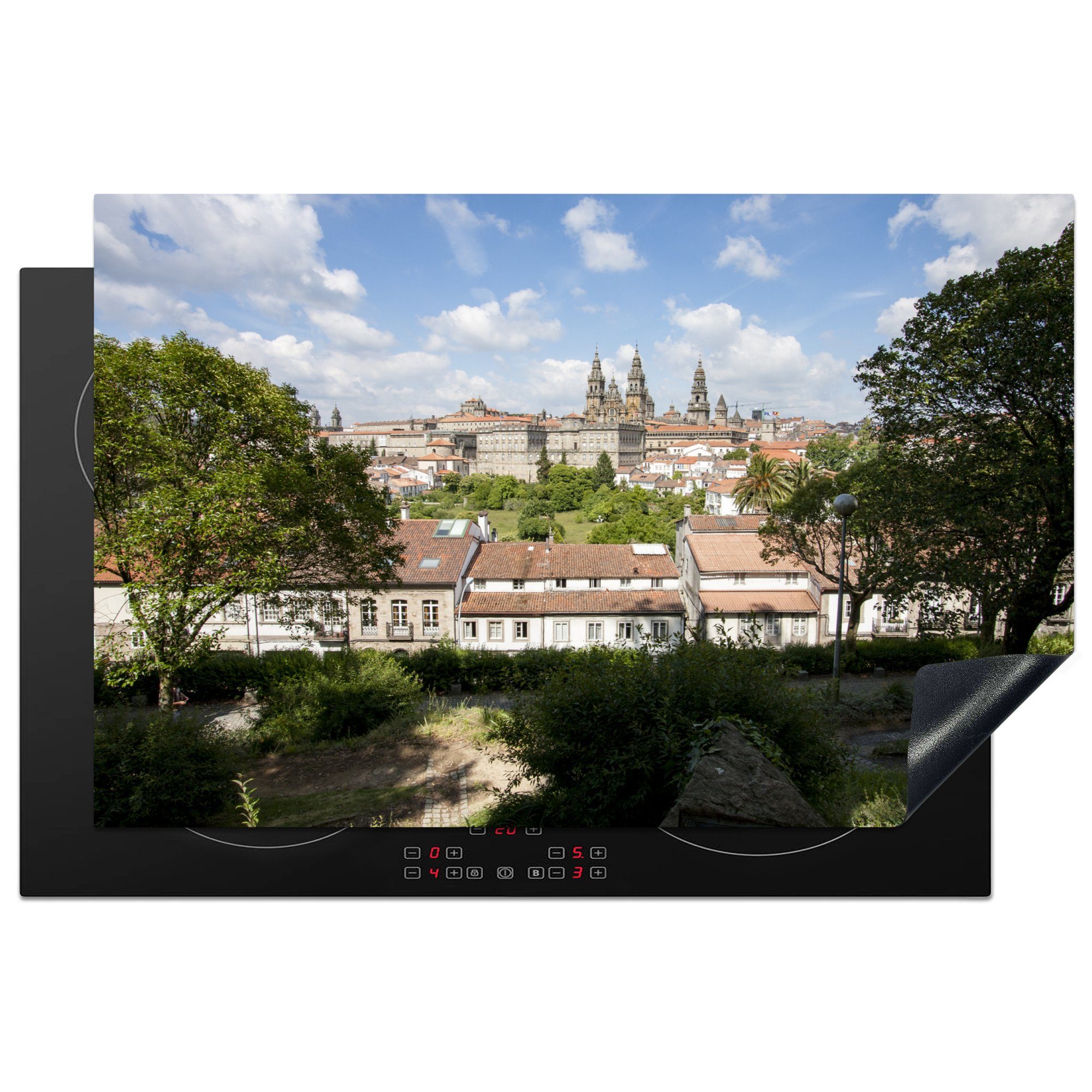 MuchoWow Herdblende-/Abdeckplatte Blick auf die Kathedrale von Santiago Compostela unter spanischen, Vinyl, (1 tlg), 81x52 cm, Induktionskochfeld Schutz für die küche, Ceranfeldabdeckung