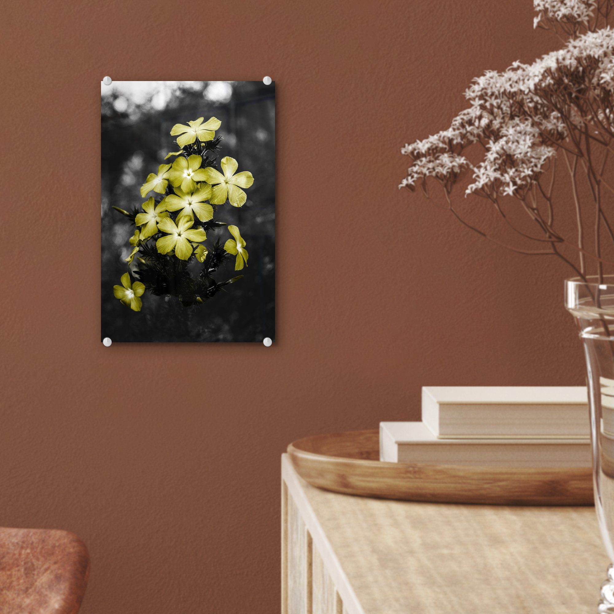 MuchoWow Acrylglasbild Blumen Wanddekoration Gelb (1 - auf - St), - auf Glas Farben, Glasbilder Bilder - Wandbild - Foto Glas