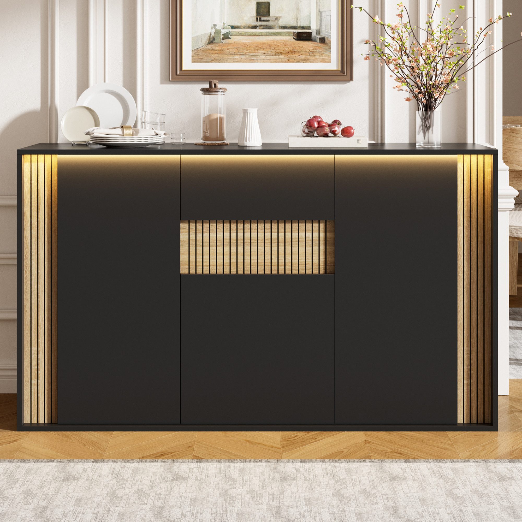 Flieks Kommode mit verstellbarer LED-Beleuchtung, 1 Schublade und 3 Türen (140×40×82 cm, 1 St), Sideboard Mehrzweckschrank Multifunktionsschrank Holzoptik&Schwarz