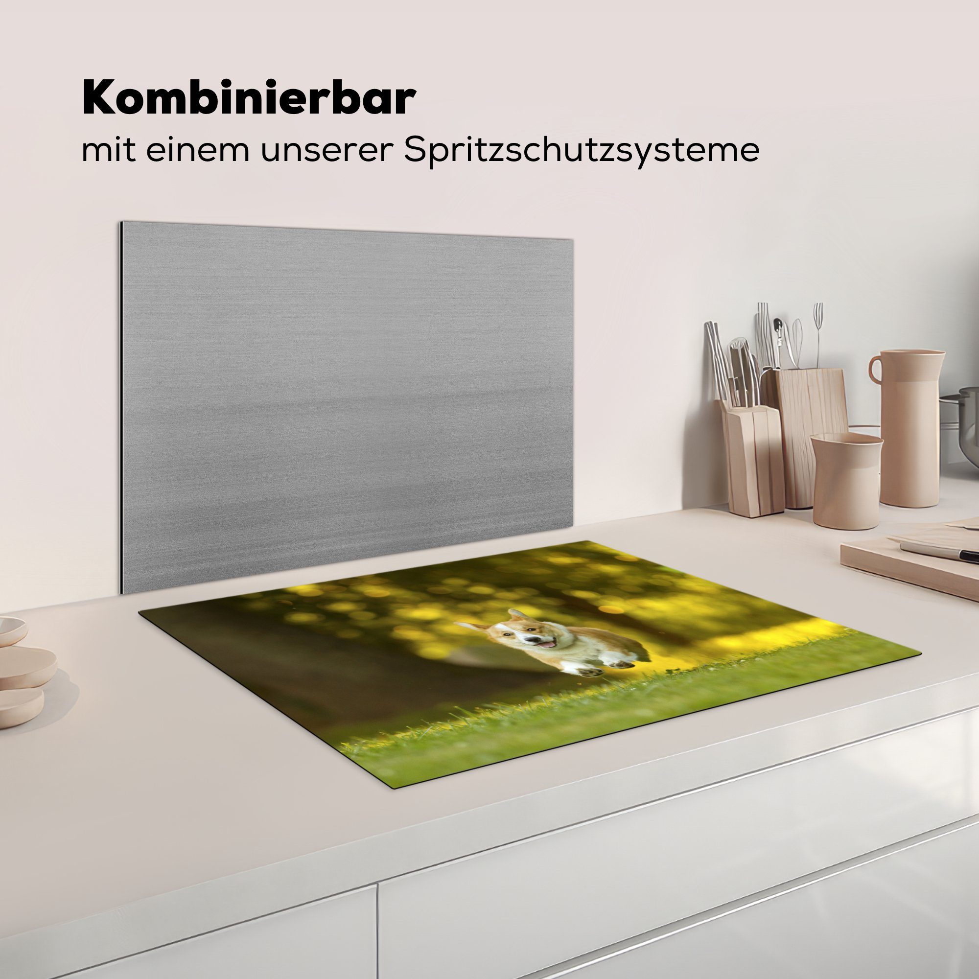 MuchoWow Ceranfeldabdeckung Arbeitsfläche cm, Enthusiastischer 70x52 Vinyl, (1 Mobile tlg), nutzbar, Corgi, Herdblende-/Abdeckplatte