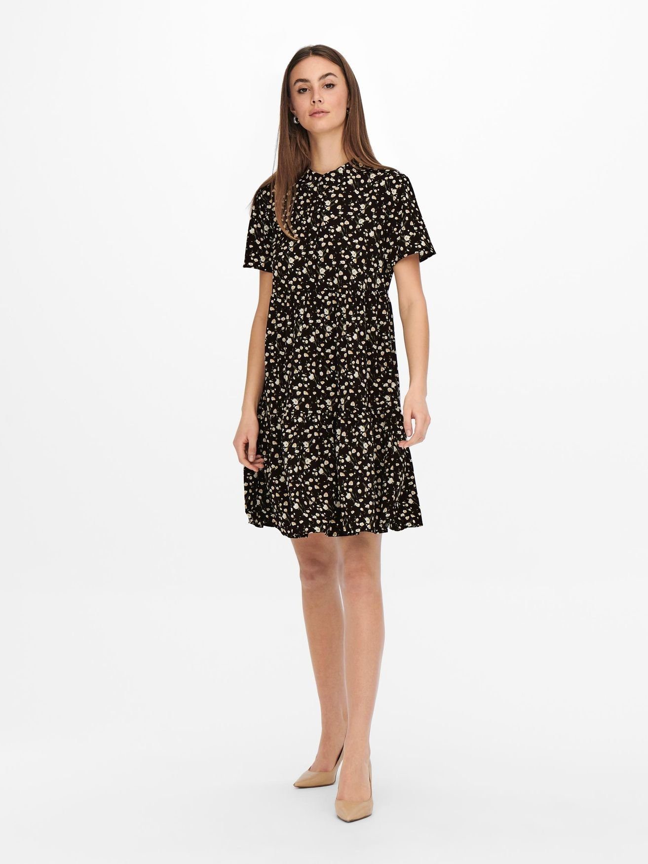 JACQUELINE de YONG Shirtkleid Lockeres Kurzarm Blusen Kleid in Mini Schwarz-3 4880 JDYPIPER (knielang) Dress Print