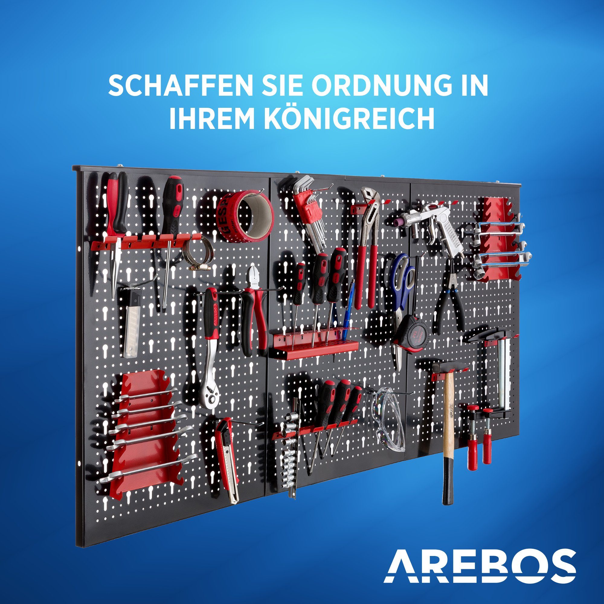 Arebos Lochwand Werkzeugwand Schwarz/Rot Haken, mit (Set) 3 Stk., 17 17-teiliges dreiteilig, Hakenset Rot/Blau