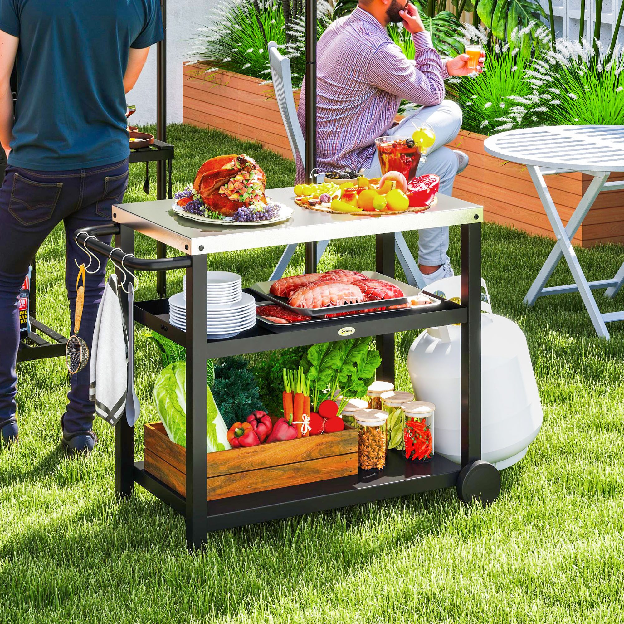 Outsunny Servierwagen 3-Etagen, mit Arbeitsfläche Ablagen Haken Räder, (BBQ Grilltisch, 1 St., Grillwagen aus Edelstahl), für Garten, Grill, 102 x 50 x 81cm, Kohlegrau