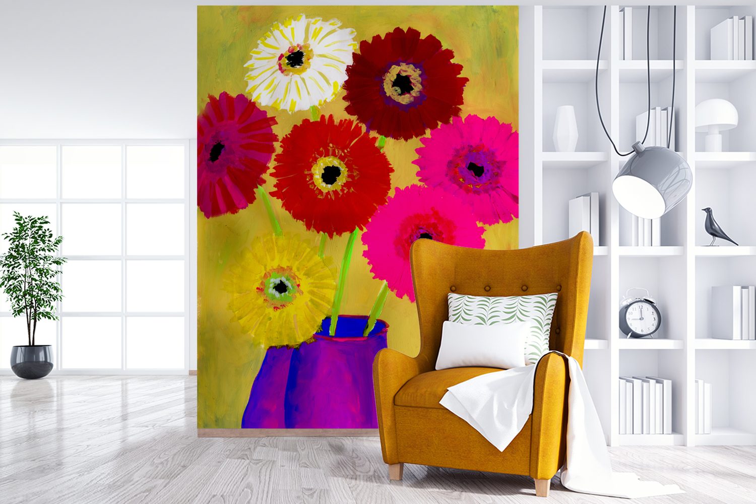 in von MuchoWow Blumen Wandtapete (4 St), Fototapete Gemälde einer Vase, Tapete Wohnzimmer, für Vinyl Montagefertig bedruckt, Matt,