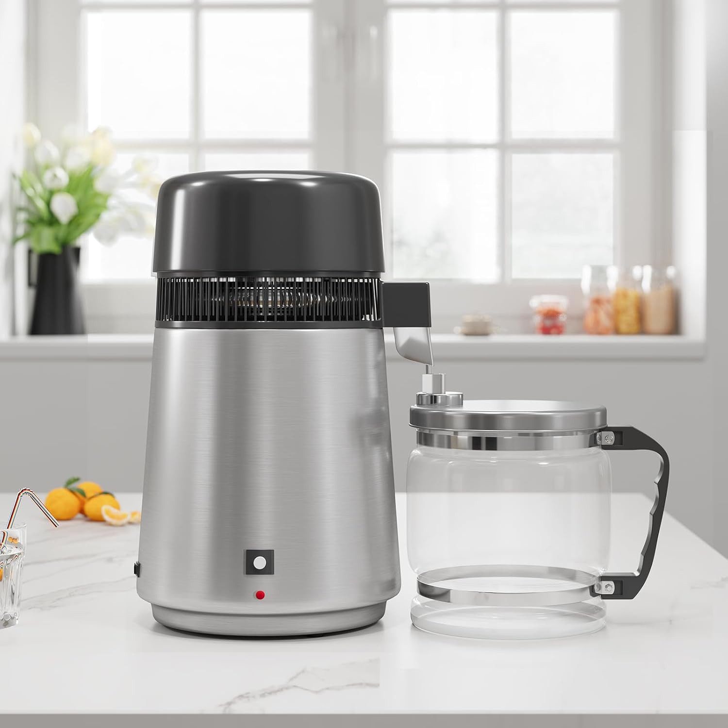 GarveeMore Wasserdestilliergerät für sauberes Trinkwasser,Edelstahl & Glasbehälter – 3-fach Filter, Automatische Abschaltung – Tragbar für Zuhause, Büro,4L Glasbehälter