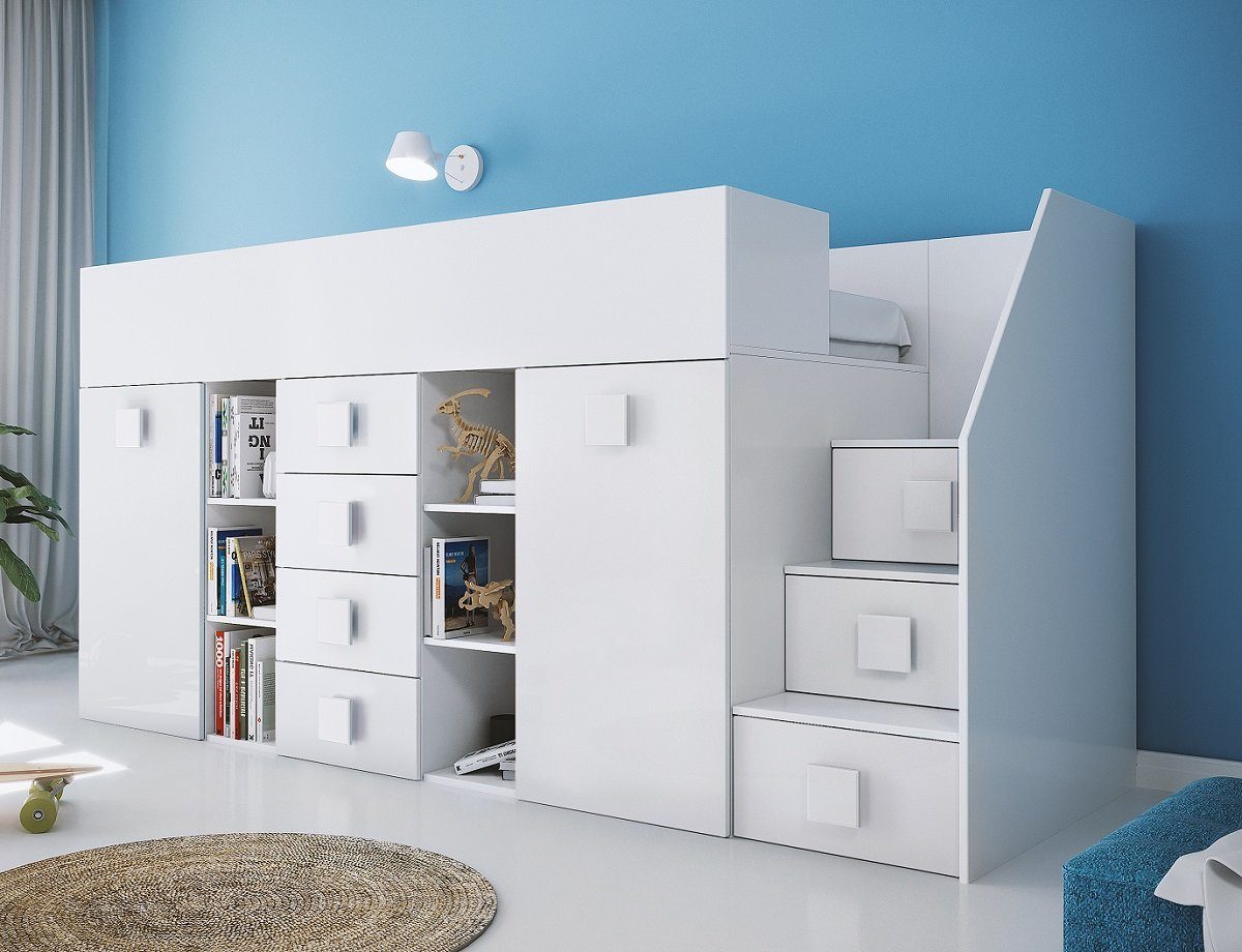 QMM TraumMöbel Hochbett TELLY 3 mit Treppe rechts (Bett, Schrank, Schreibtisch, Schubladen, Regale, Treppe) ausziehbarer Schreibtisch
