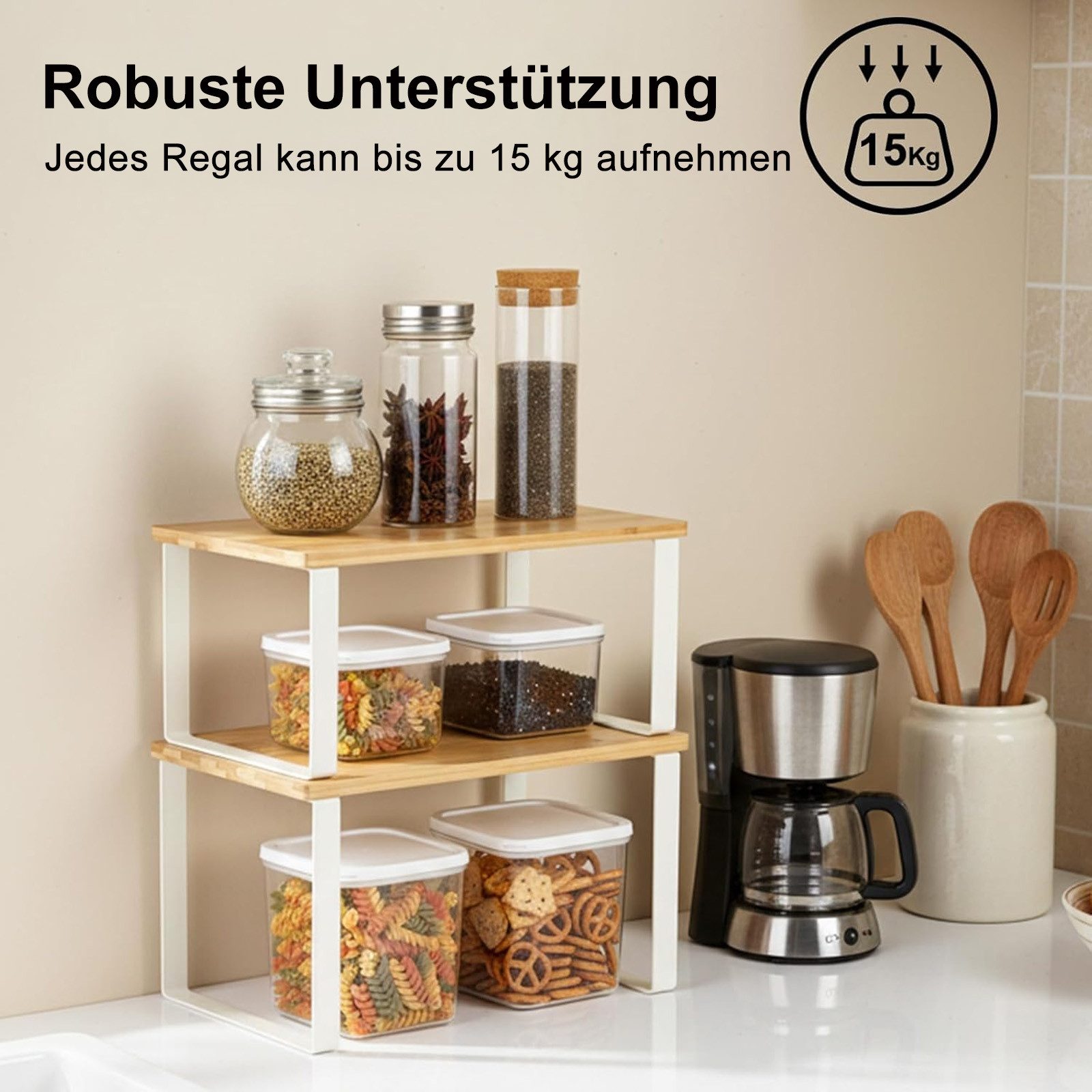 Youyijia Gewürzregal Küchenschrank Organizer Set stapelbar Metall Holz Gewürzregal Küche