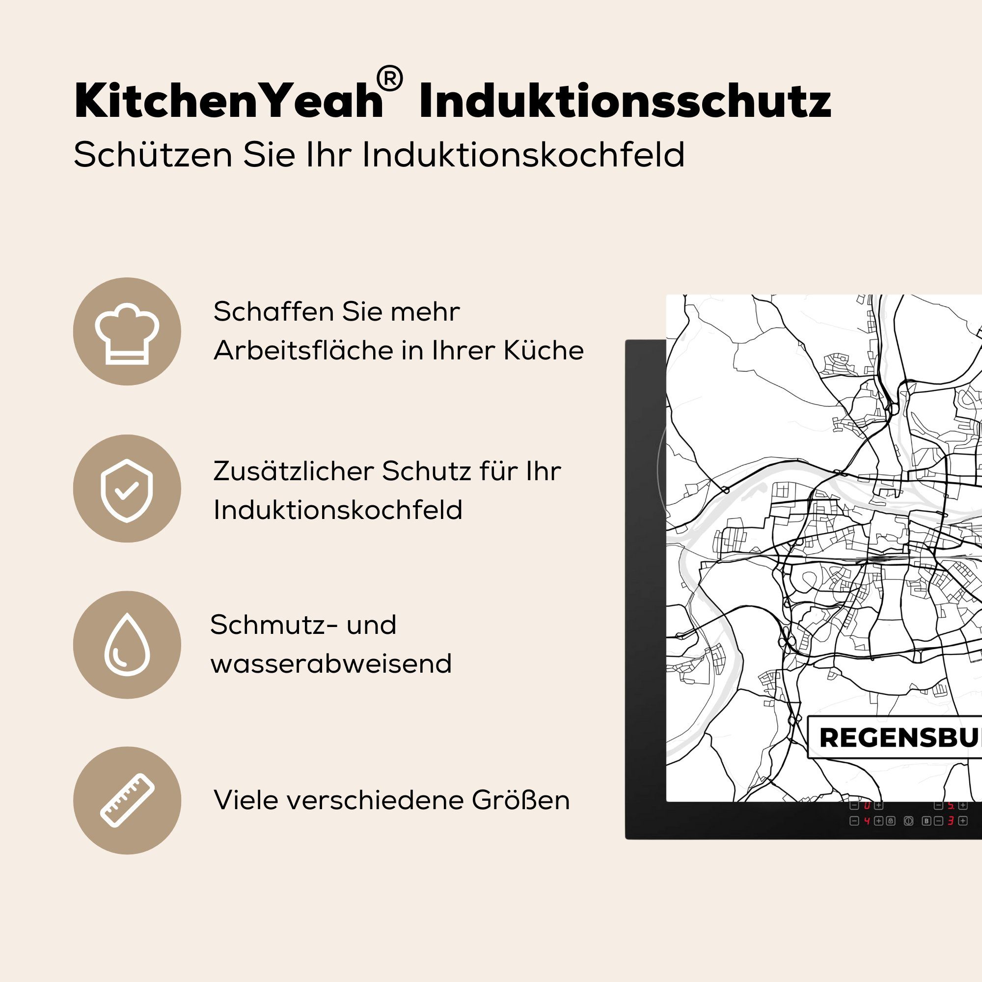 Regenburg Karte - Herdblende-/Abdeckplatte MuchoWow tlg), (1 Arbeitsplatte Stadtplan, 78x78 - Vinyl, für küche cm, Ceranfeldabdeckung,