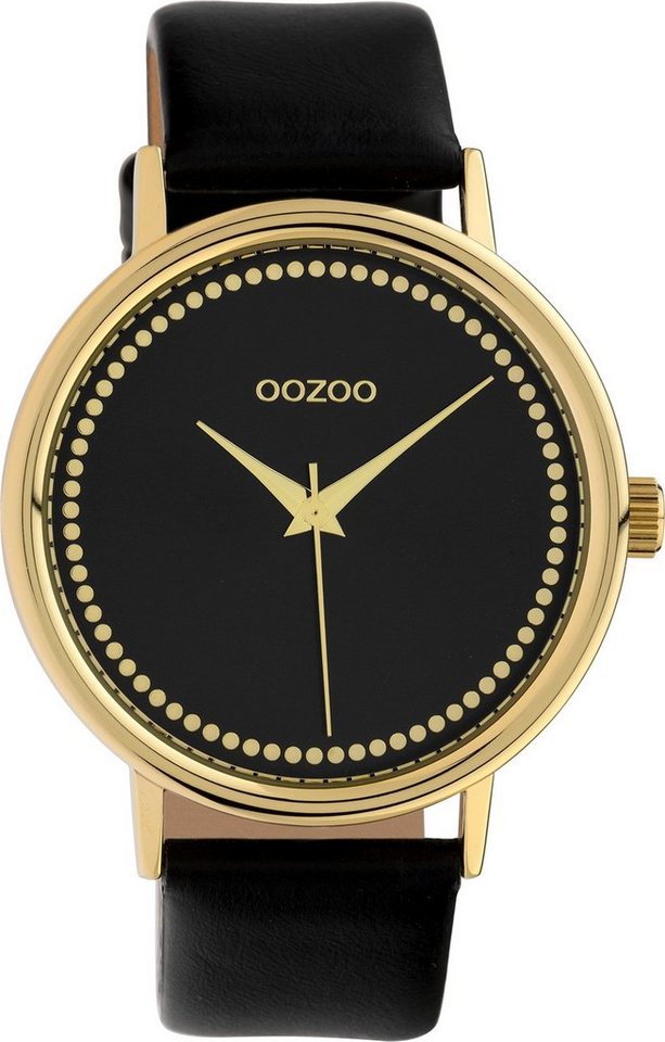 OOZOO Quarzuhr Oozoo Damen Armbanduhr schwarz Analog, Damenuhr rund, groß  (ca. 42mm) Lederarmband, Fashion-Style, goldene Zeiger und Indizes