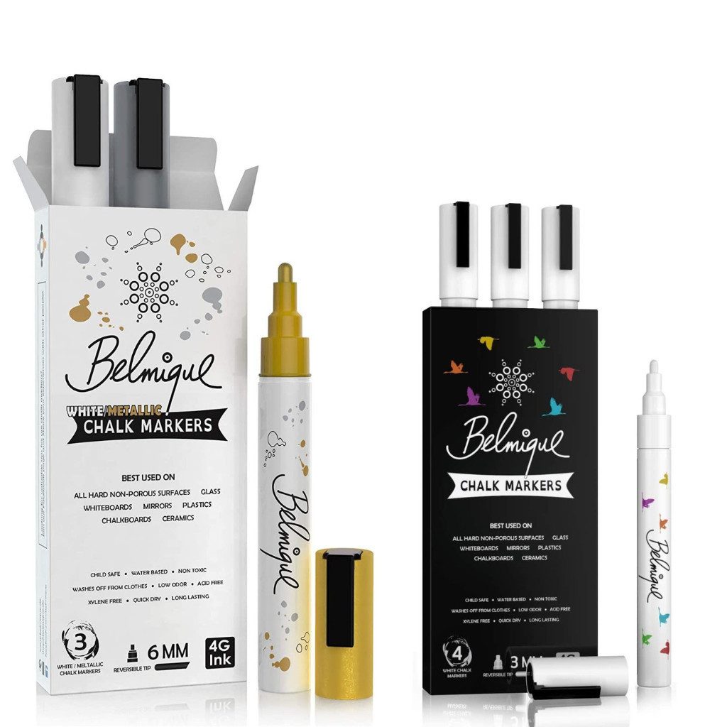Belmique Malkreide Kreidemarker, (3er Pack, Ideal als Kreidestifte, Tafelstifte, Folienstifte, Fensterstifte), Gold, Silber, Weiß - Abwischbar auf glatten Oberflächen
