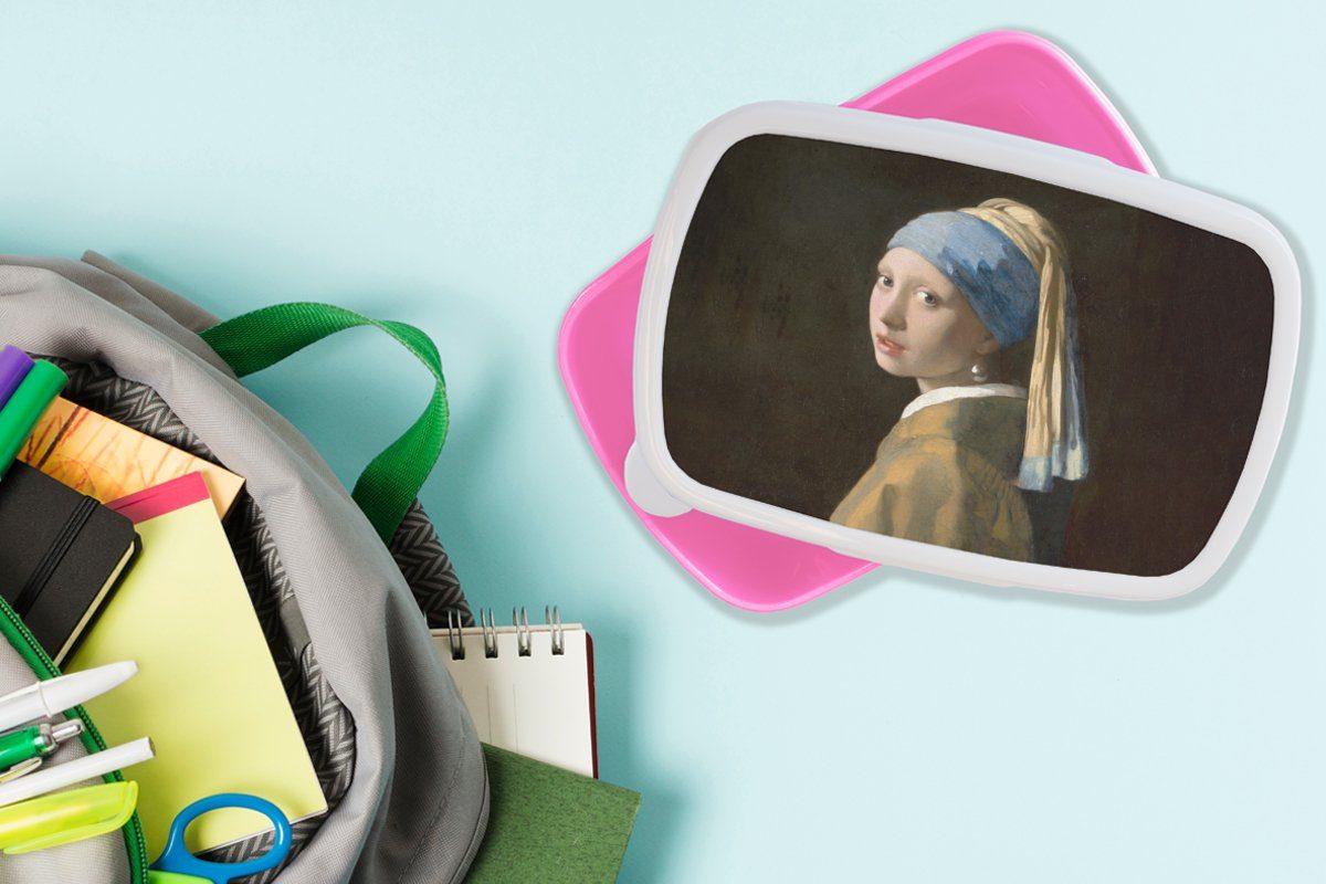 Perlenohrring Gemälde rosa Brotbox Snackbox, (2-tlg), - MuchoWow Kunststoff Kinder, Erwachsene, - Mädchen, für mit Alte - Lunchbox Kunststoff, Mädchen Brotdose Meister Vermeer,
