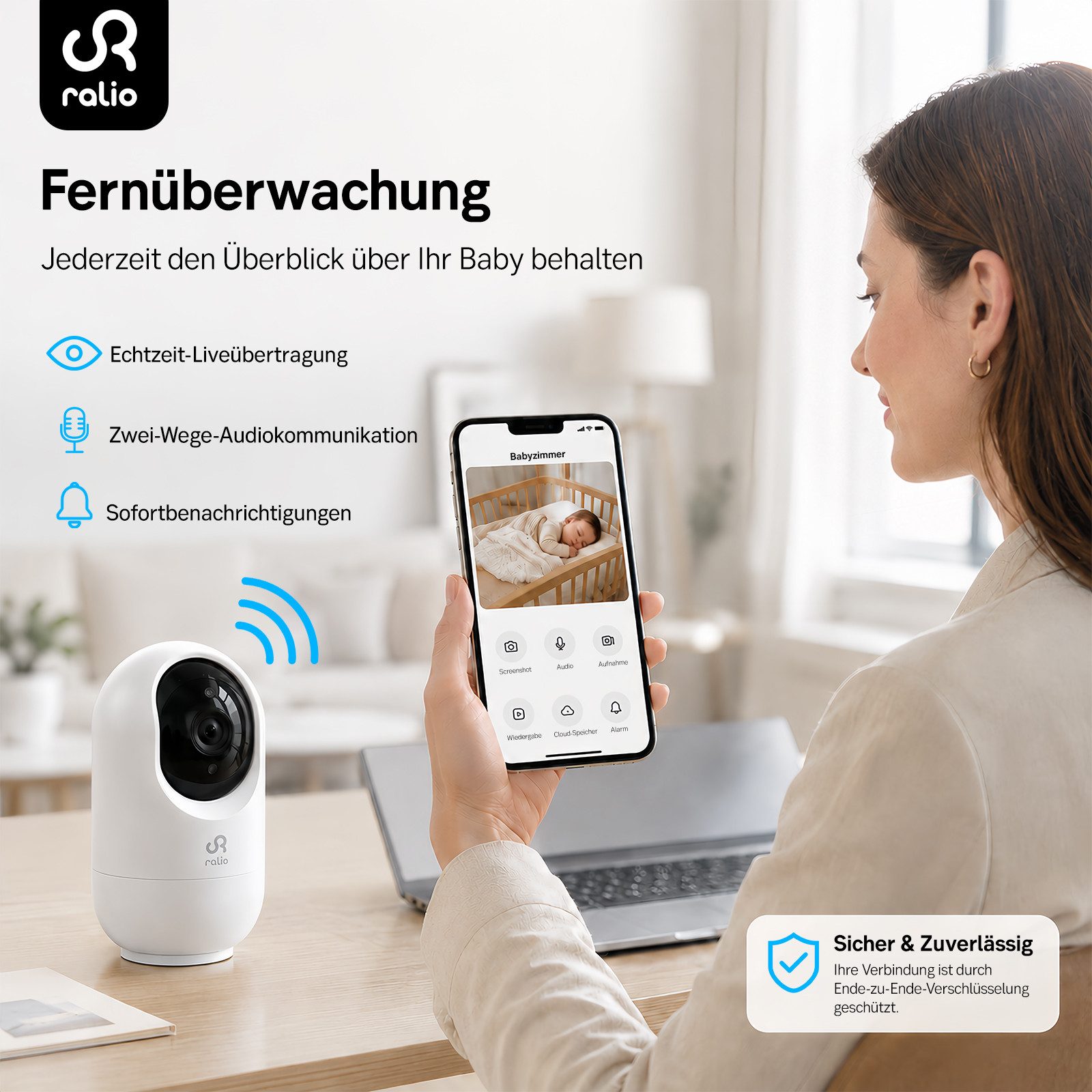 Ralio Babyphone Kamera WLAN 2K 3MP, Video Babyphone mit App Steuerung, Nachtsicht, Bewegungserkennung, Zwei-Wege-Audio mit Sprachfunktion, 1-tlg., Sichere Cloud – Bild 4 von 5