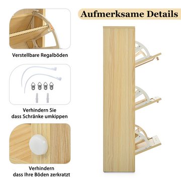 XDeer Schuhschrank Schuhregal 3 Klappen Schuhkipper Holzwerkstoff Rattan Natur Schmale 60*109.5*24 cm, 2 Schuhablagen pro Kipper Kippsicherung