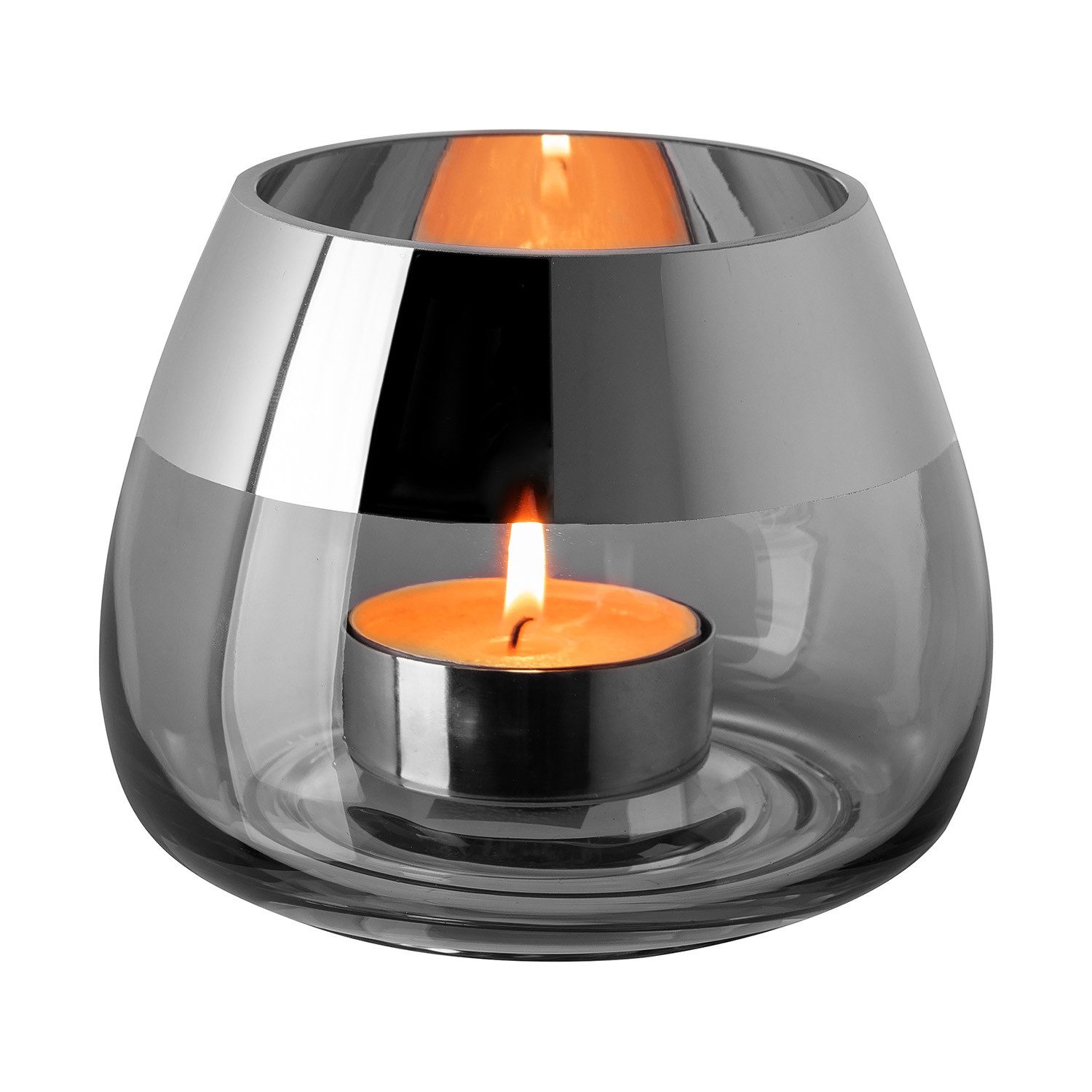 Fink Teelichthalter BELLA Teelichthalter - H.11,6cm x D.15cm - Glas - grau/silberfarben (1xTeelichthalter, 1 St., Leuchte - Geschenk für Frauen), Edles Glas-Windlicht: Kerzenhalter für Stumpenkerzen & Kerzenleuchter