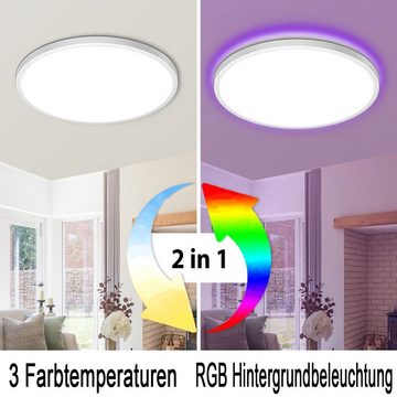 oyajia Deckenleuchte 28W LED Deckenleuchte RGB Farbwechsel Lamp, Dimmbar mit Fernbedienung, LED fest integriert, 3000K-6000K-4500K-Nachtlicht-RGB, IP54 Wasserdicht Rund Lampen, für Schlafzimmer Kinderzimmer Wohnzimmer