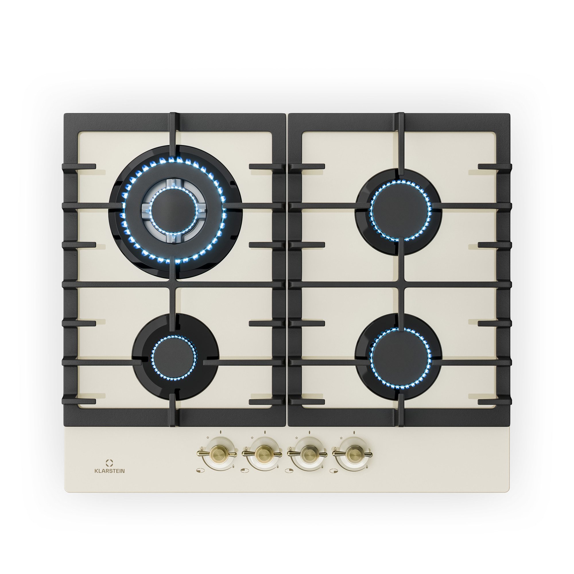Klarstein Gas-Kochfeld Victoria Gaskochfeld 4 Zonen 4-flammig Gusseisen Glaskeramik Retro, Gasherd 4-flammig Vintage-Optik mit Drehregler & Bronze-Front