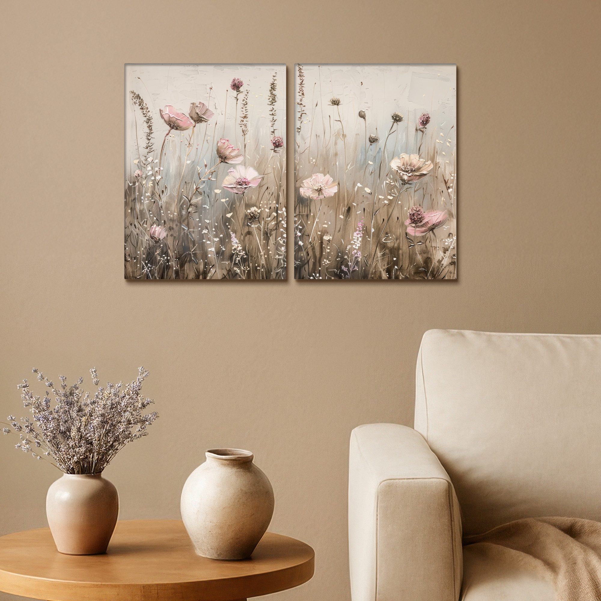 MuchoWow Leinwandbild Blumen - Beige - Modern - Rosa, Fotodruck (2 St), Wand Bilder 2 Set, Deko Schlafzimmer Wohnzimmer Flur 60x40 cm – Bild 2 von 5