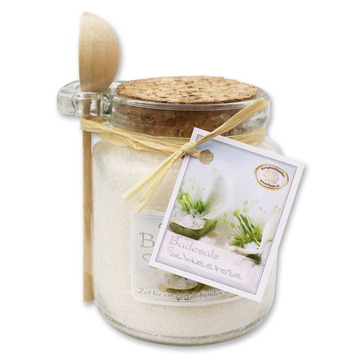 Gerlinde Hofer _ Florex GmbH Badezusatz Schneerose, Badesalz mit Bio Schafmilch im Glas mit Holzlöffel 300 g