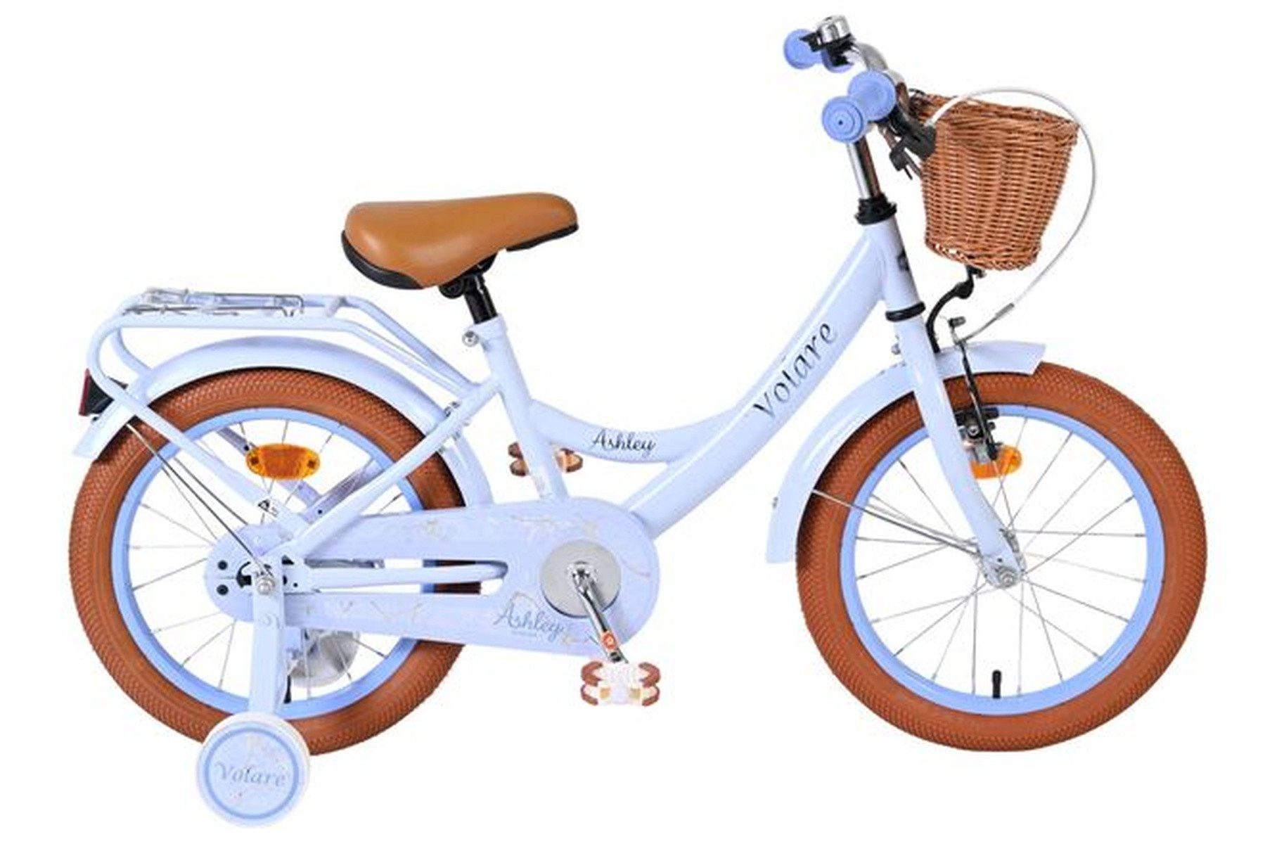 Volare Kinderfahrrad Ashley Mädchen 16 Zoll in Blau mit Korb und abnehmbaren Stützrädern, Rücktrittbremse und Handbremse, geschlossener Kettenschutz