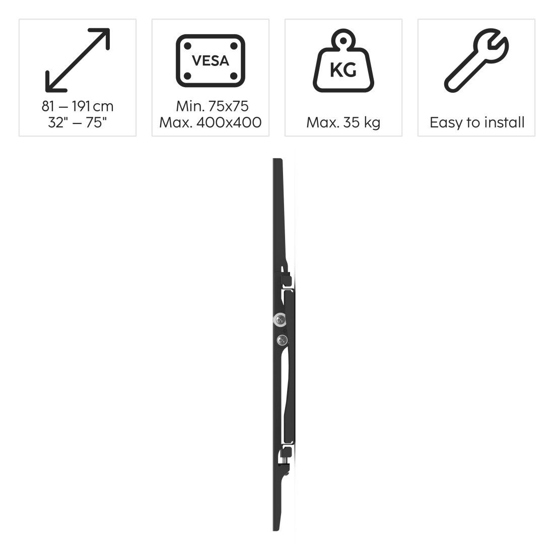 Hama TV-Wandhalterung TV-Wandhalterung neigbar 32 bis 75 Zoll, 40" 55" 65", 35 kg Traglast, (bis 75 Zoll, Stufenlos neigbar bis 10 Grad, flacher Wandabstand, inkl Wasserwaage)
