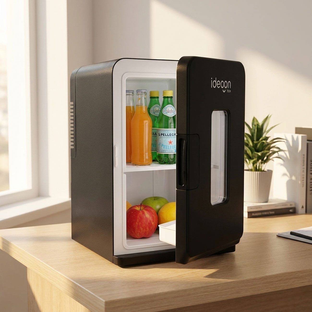 shop'n smile ideoon Kühlbox Mobiler 14L Mini-Kühlschrank (12V/230V) zum Kühlen & Wärmen, Schwarz, Praktischer Einlegeboden, Türablage und grosses Sichtfenster