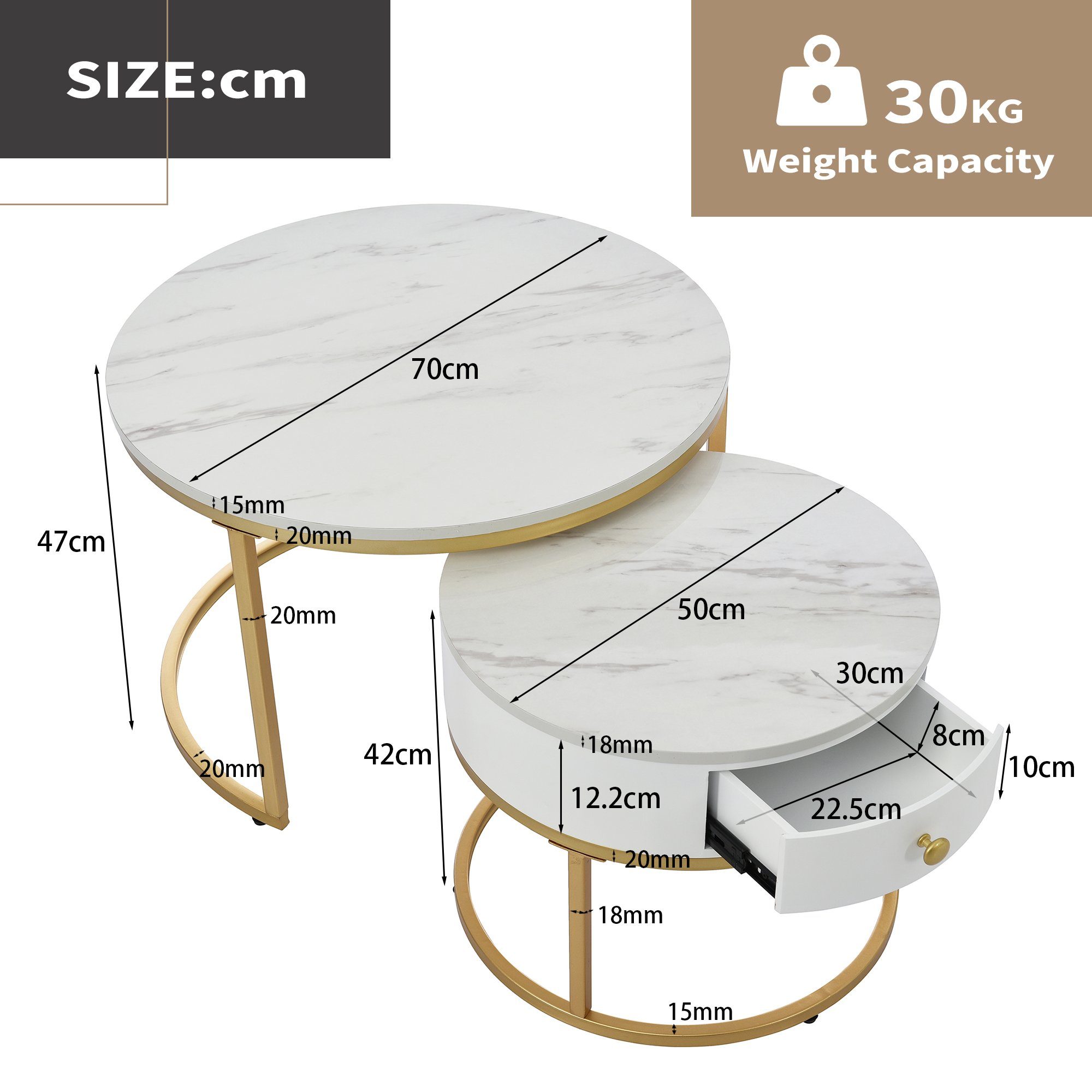 Couchtisch (2-St., Sofatische Satztische in hochglanz Marmoroptik), rund Beistelltisch ∅70x45cm ∅50x40cm, Gestell aus Metall