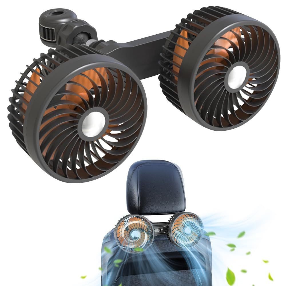 QUBEBU Tischventilator Auto Kfz Ventilator, Doppelkopf Ventilator, 3 Geschwindigkeiten, Drehbarer Rücksitz-Auto-Ventilator 12V/24V Zigarettenanzünderbuchse