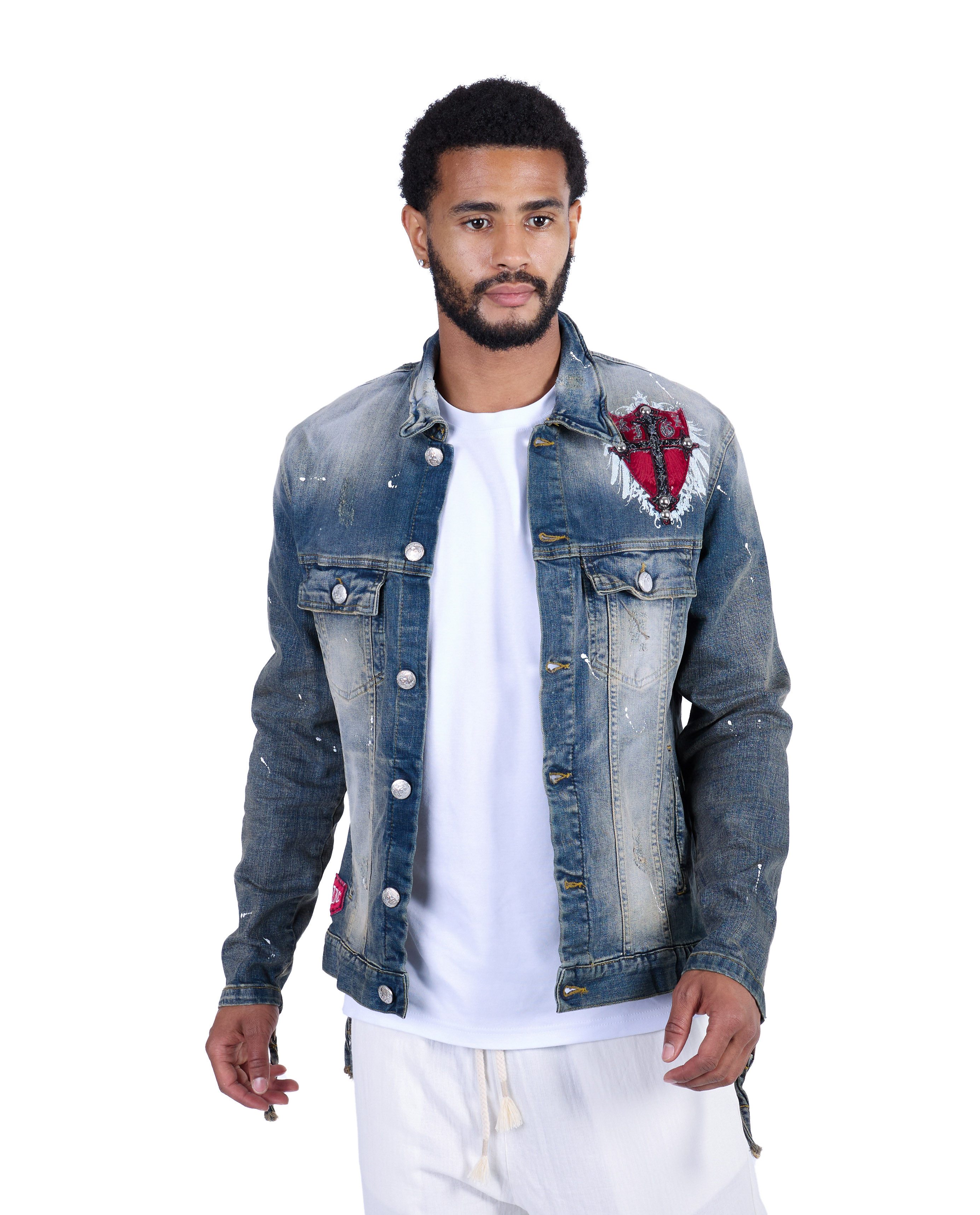 KINGZ Jeansjacke Herren Designer Retro Jeansjacke mit Wappen Blue S