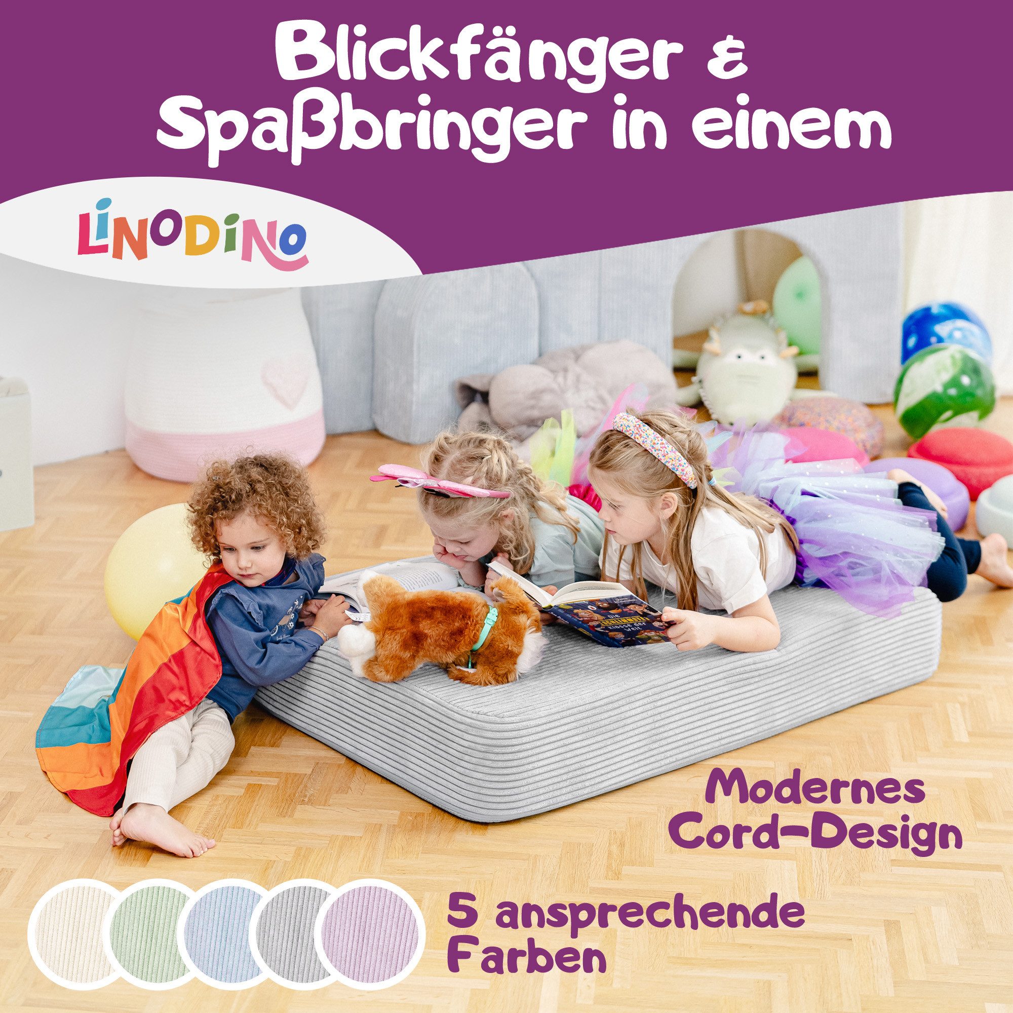 Linodino Hüpfspielzeug Hüpfpolster für Kinder 107x70x17cm Cord Hüpfmatratze mit Federkern, Waschbarer Bezug