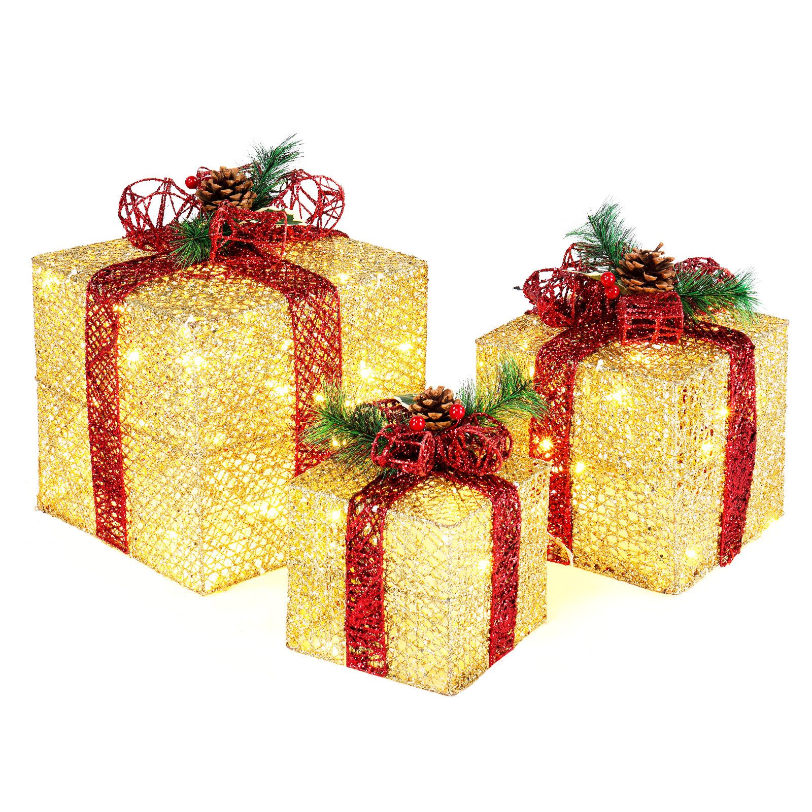 VINGLI LED Dekolicht 3er Set LED Geschenkboxen für Innen & Außen, 60 LED - Gold, mit Stecker, wetterfeste & stapelbar, warmweiß, Schleife, Gold