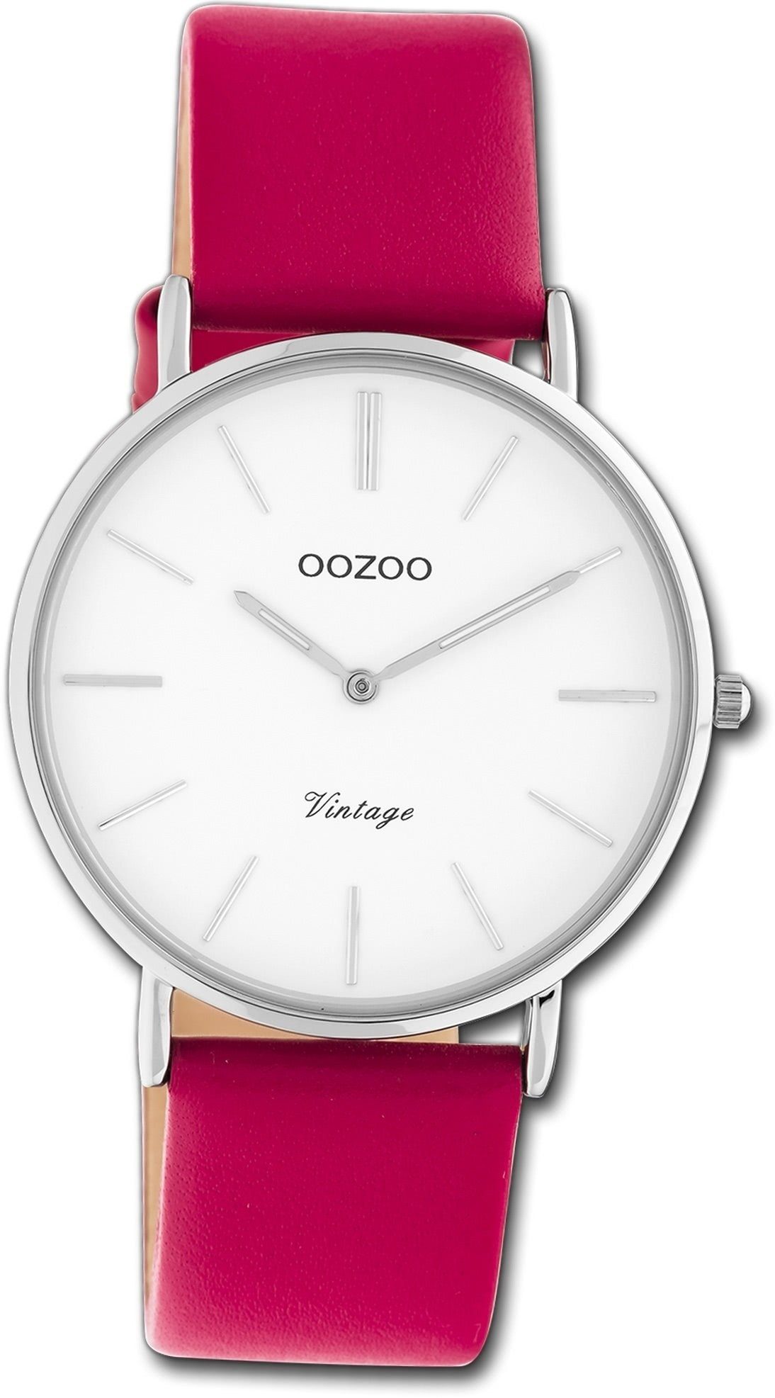 36mm) OOZOO (ca. Slim, Damenuhr Gehäuse, Quarzuhr Oozoo rosa, Ultra rundes Armbanduhr Lederarmband mittel Damen