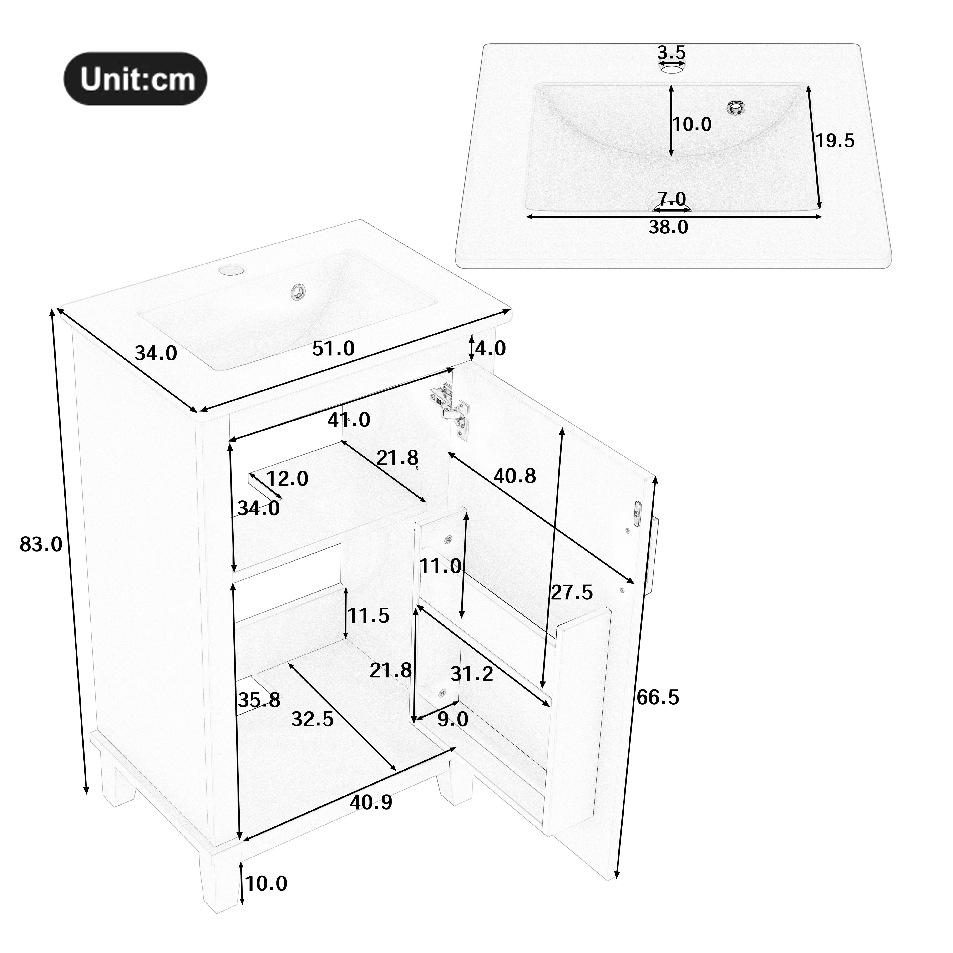 Flieks Waschtisch mit Türregalen und verstellbare Einlegeböden (B51/T34/83 cm, 1-St., bodenstehend, Badezimmerschrank Volllackierung), Waschbeckenunterschrank mit Waschbecken Badmöbel in Breite 51 cm