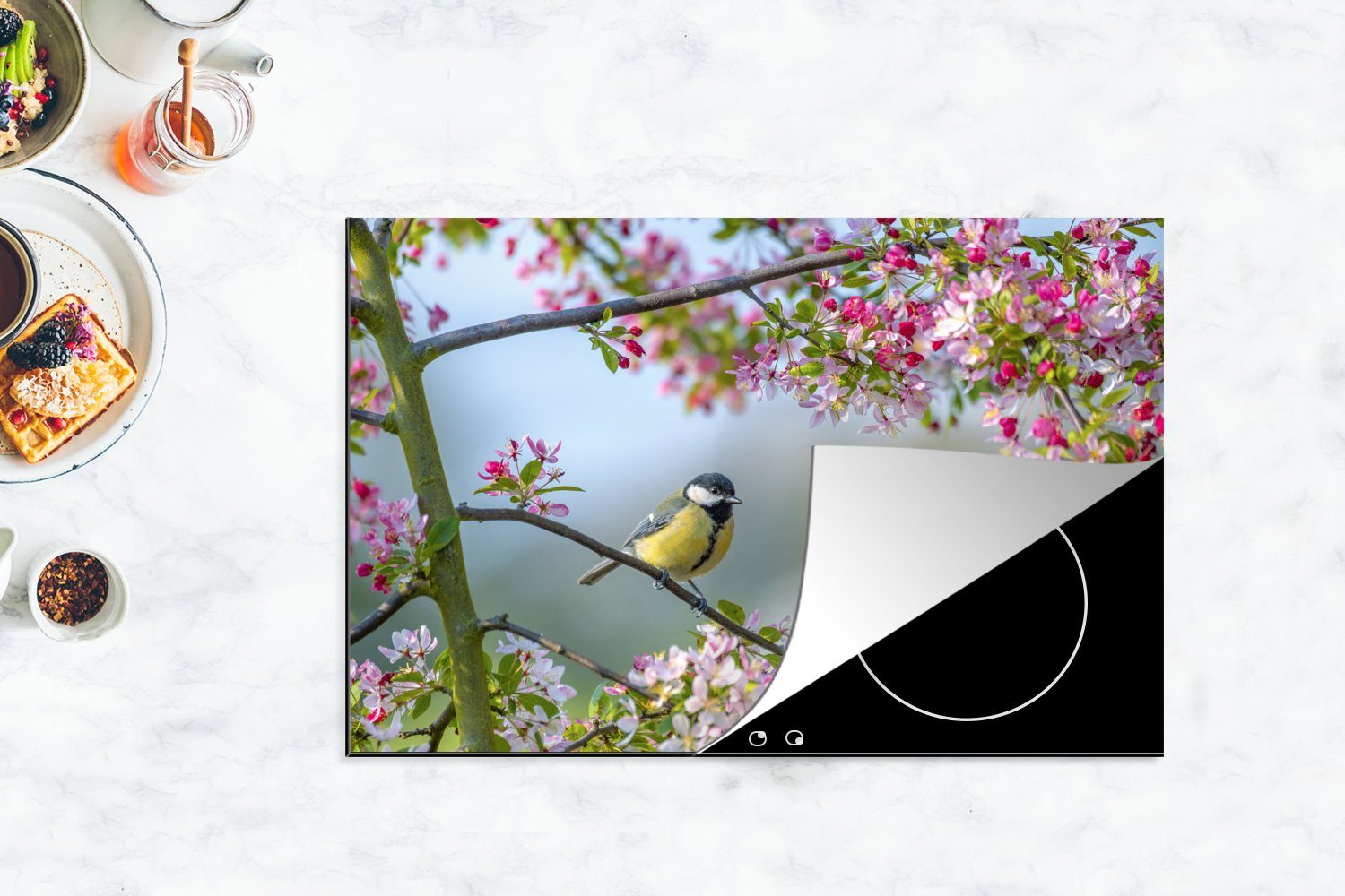 MuchoWow Herdblende-/Abdeckplatte Vogel - Baum 81x52 - für (1 die tlg), Blüte, Vinyl, küche, Schutz Induktionskochfeld Ceranfeldabdeckung cm