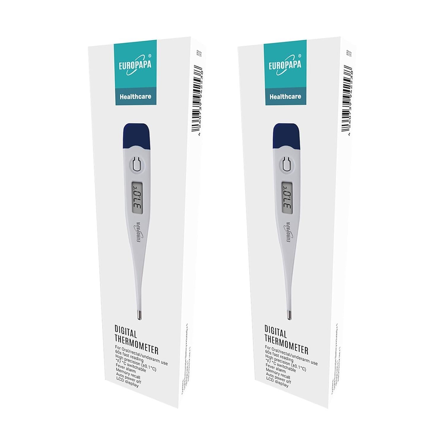 EUROPAPA Fieberthermometer 2 Stück Digitales Fieberthermometer für Babys, Kinder und Erwachsene, Thermometer für oral, axillar oder rektal, wasserdicht mit Fieberalarm