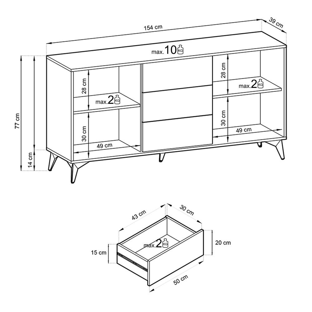 Lomadox Sideboard DALE-160, schwarz mit Eiche Wohnzimmer Schrank 154x77x39 cm