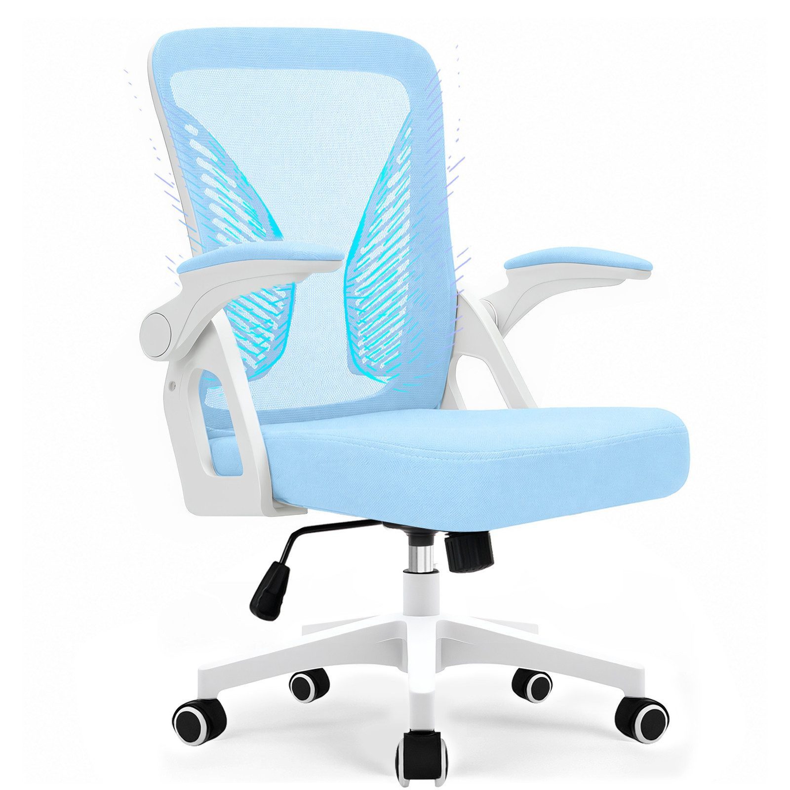 Milacyee Bürostuhl Ergonomischer Bürostuhl mit 90° klappbaren, gepolsterten Armlehnen (Höhenverstellbarer Atmungsaktiv Chefsessel mit geräuscharmen Rollen,Drehstuhl mit dynamische Rückenstütze), Platzsparend, Atmungsaktives Mesh, 150 kg Belastbarkeit