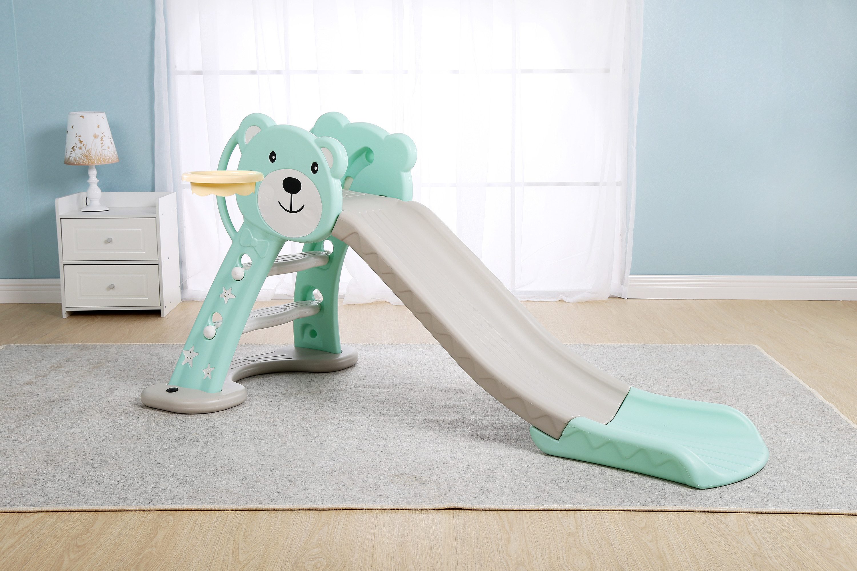 Sweety-Toys Indoor-Rutsche Kinder Rutsche im Teddybären-Design türkis mit Basketballkorb