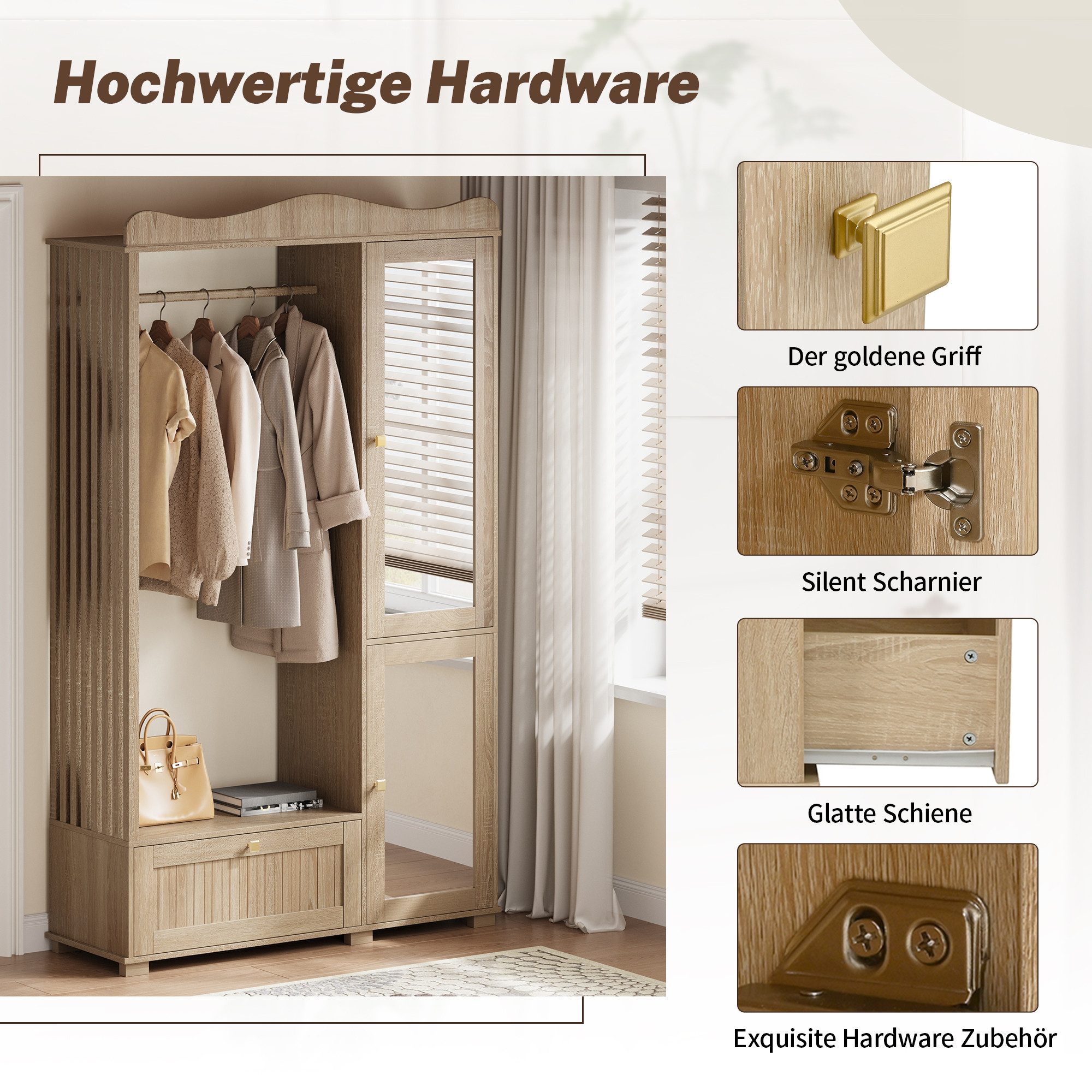 Merax Garderobenschrank mit Spiegel und Offener Kleiderständer, 115,5×38,5×194,5cm (1-St) Kompaktgarderobe mit Schublade & 2 Türen für Schlafzimmer und Flur – Bild 4 von 5