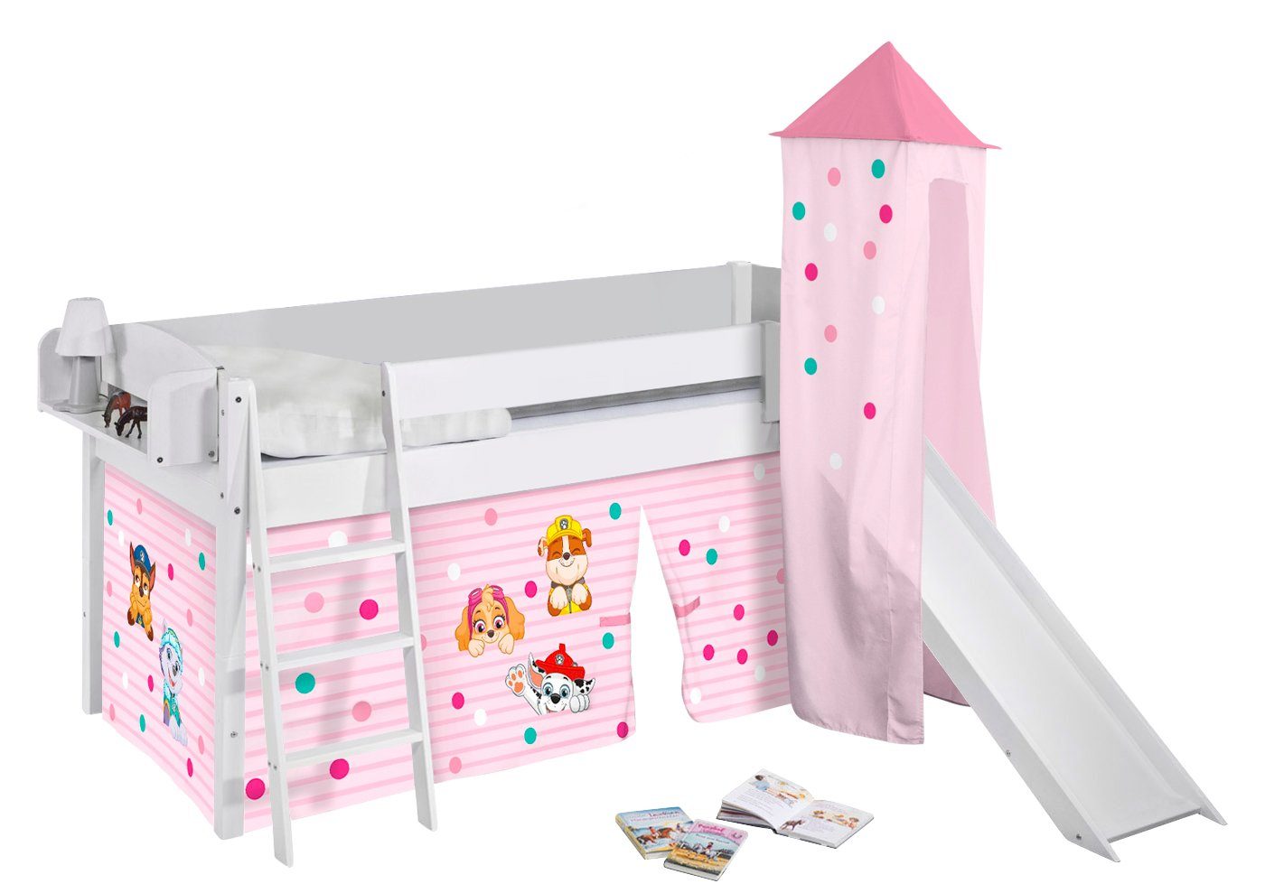 Lilokids Kinderbett Hochbett IDA Classic mit Rutsche, Vorhang, Turm PAW PATROL 200x90cm
