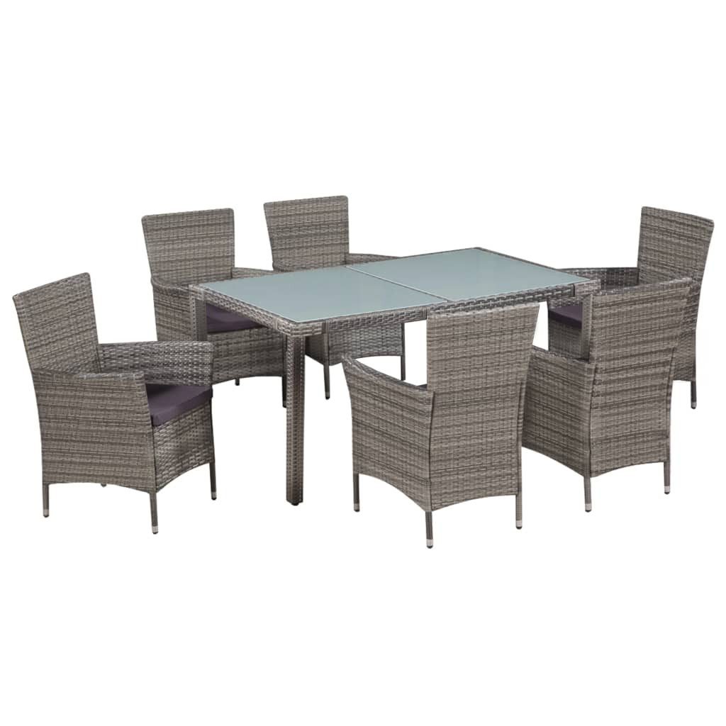 vidaXL Garten-Essgruppe 7-tlg. Garten-Essgruppe mit Auflagen Poly Rattan Grau, (6-tlg), Gartenmöbel 7-tlg. Poly Rattan Glas Grau Gartengarnitur Sitzgruppe